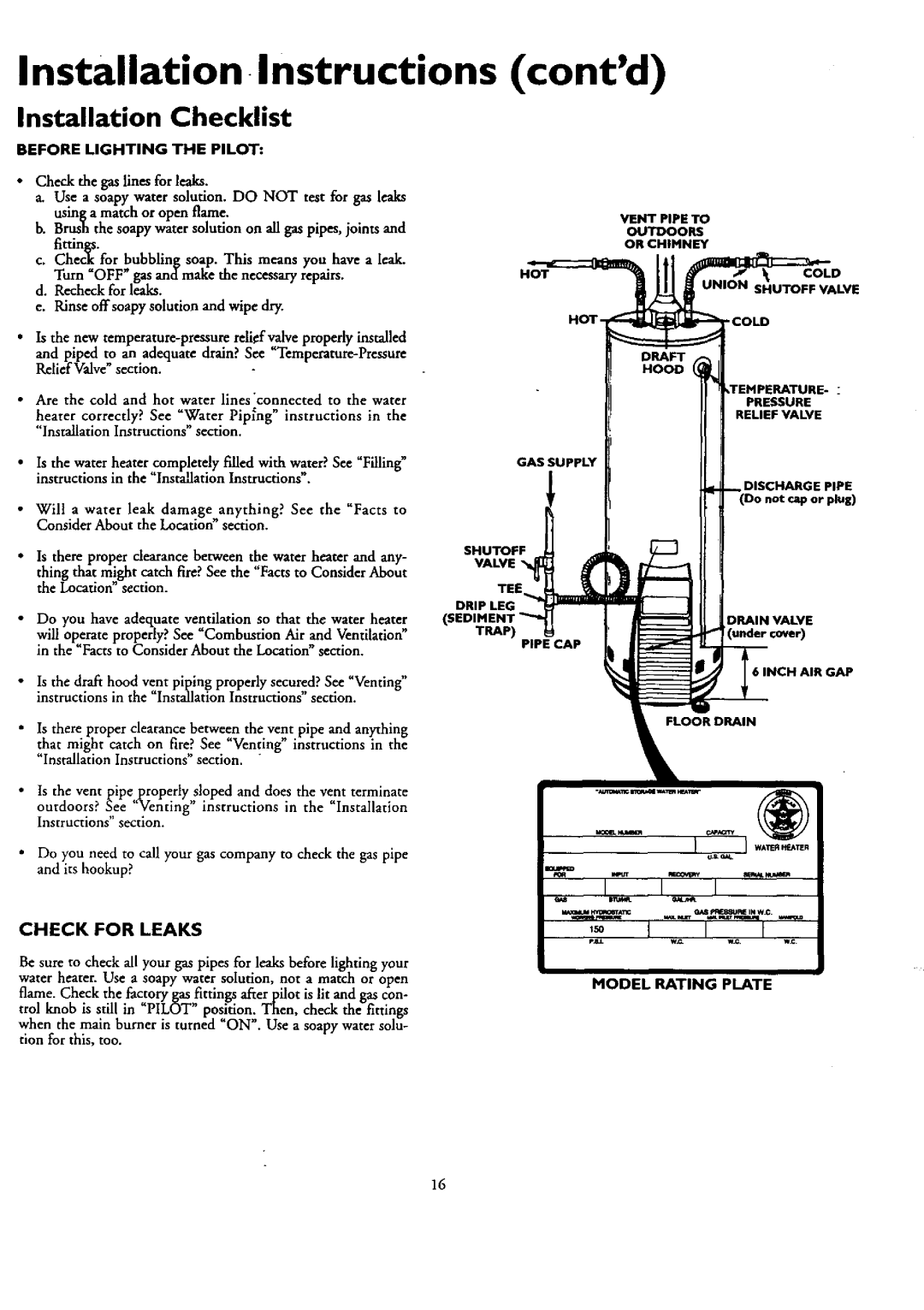 Kenmore 153.330401 Contd, Installation Checklist, Check for Leaks, Before Lighting the Pilot, Model Rating Plate 