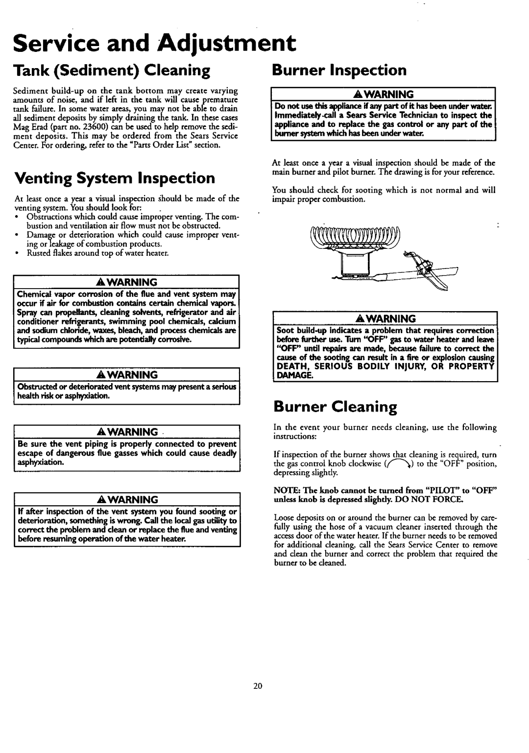 Kenmore 153.330401 Service and Adjustment, Venting System Inspection, Burner Inspection, Tank Sediment Cleaning 