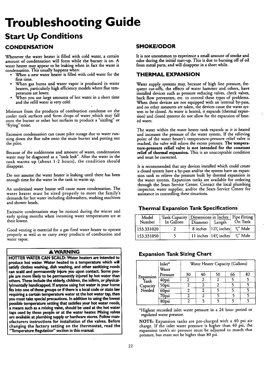 Kenmore 153.330401 owner manual Troubleshooting Guide, Start Up Conditions, Condensation, Smoke/Odor, Thermal Expansion 