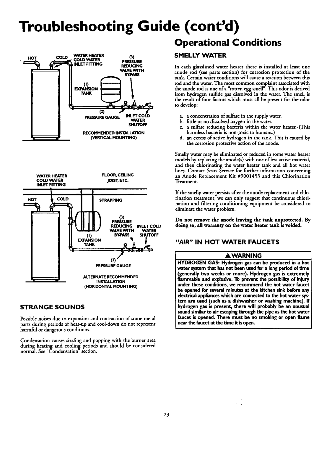 Kenmore 153.330401 Troubleshooting Guide contd, AIR in HOT Water Faucets, Cold Wateheat, Smelly Water, Strange Sounds 