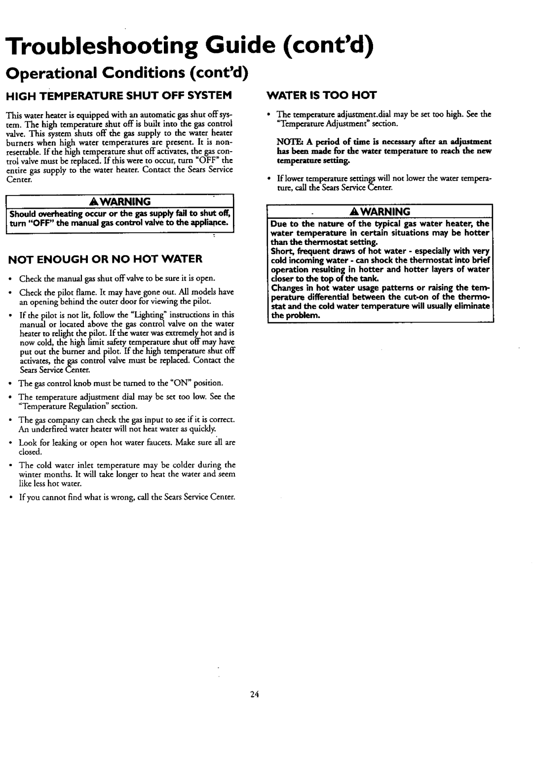 Kenmore 153.330401 owner manual Operational Conditions contd, High Temperature Shut OFF System, Not Enough or no HOT Water 