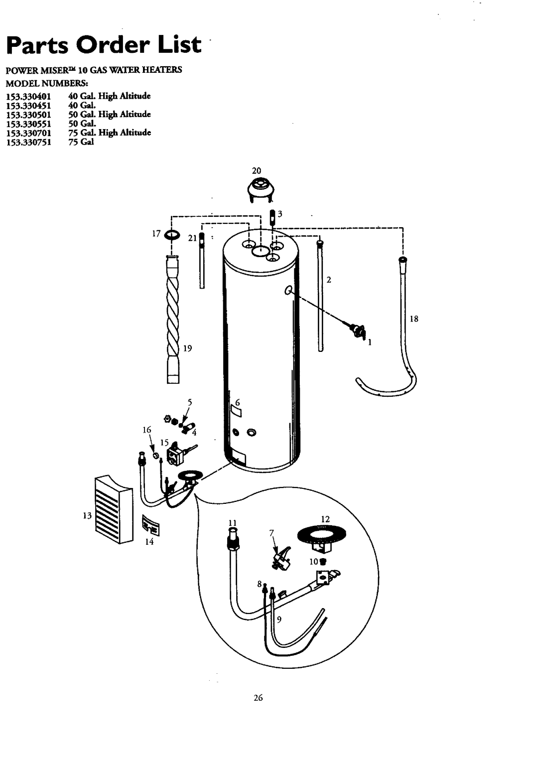 Kenmore 153.330401 owner manual Parts Order List, Power Misertm 10 GAS Water Heaters 