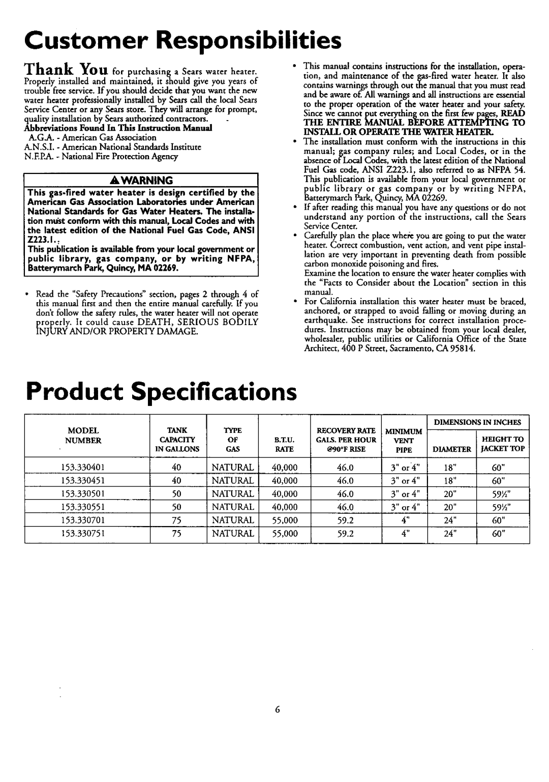 Kenmore 153.330401 owner manual Product Specifications, Customer Responsibilities 