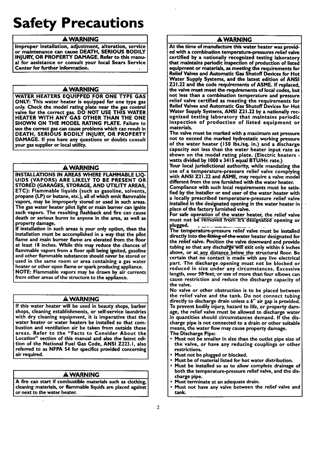 Kenmore 153.330401 owner manual Safety Precautions, W,.Arning, Awarning 