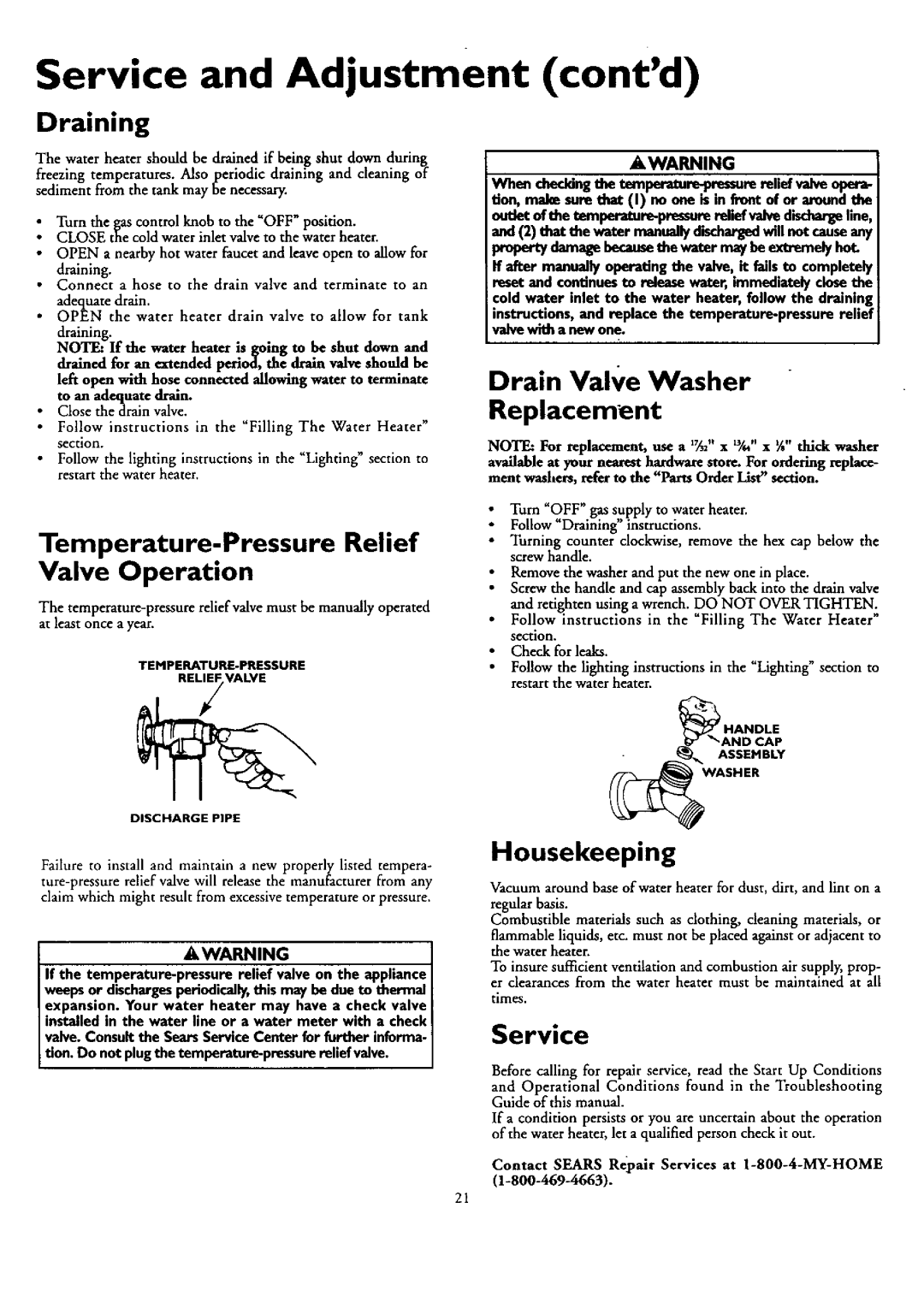 Kenmore 153.330401 Service and Adjustment contd, Draining, Temperature-PressureRelief, Drain Valve Washer Replacement 
