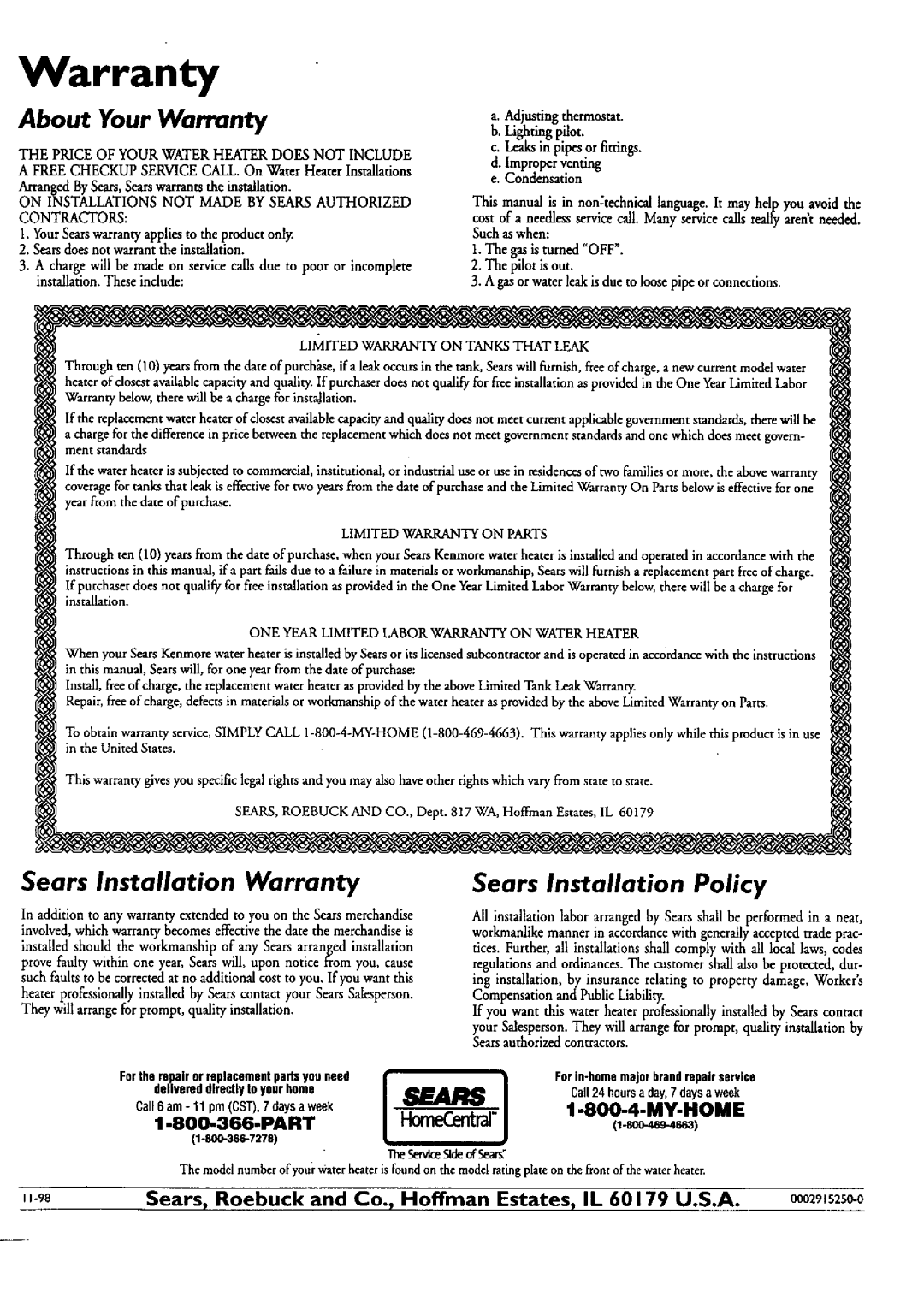 Kenmore 153.330401 owner manual About Your Warranty, Sears Installation Warranty, Sears Installation Policy 
