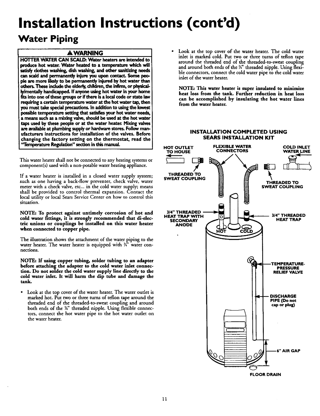 Kenmore 153.330551, 153.330451, 153.330501, 153.330751 Water Piping, Hotter Water can SCAL. Water heatersare intendedto 