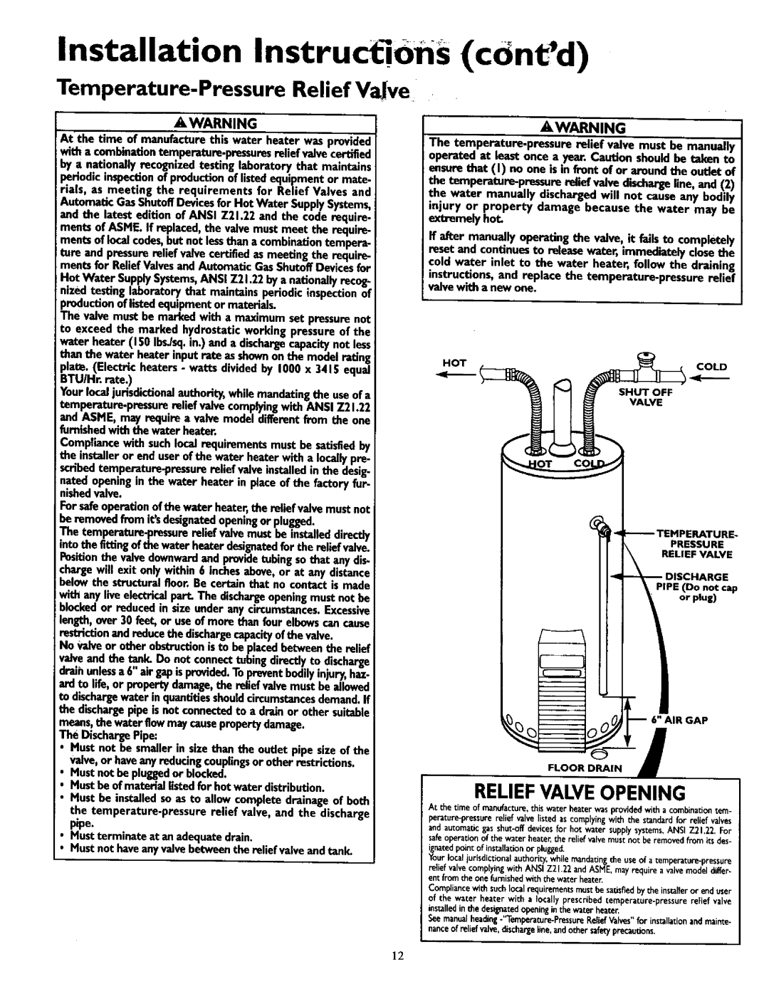 Kenmore 153.330451, 153.330501, 153.330751, 153.3304OI Installation InstructiOns cdntd, Temperature-Pressure Relief Vave 