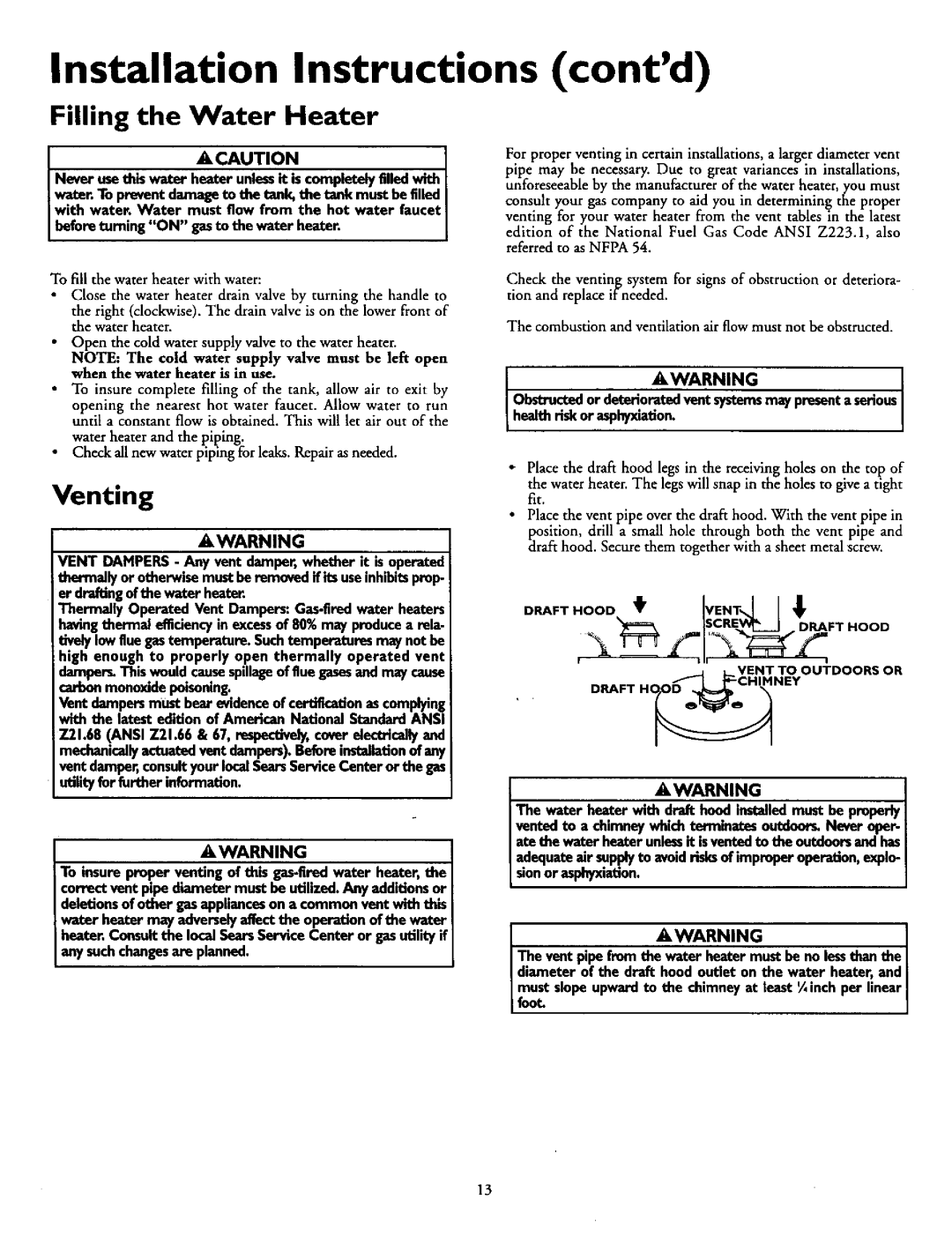 Kenmore 153.330501, 153.330451 Installation Instructions contd, Filling the Water Heater, Venting, Never usethiswater h 