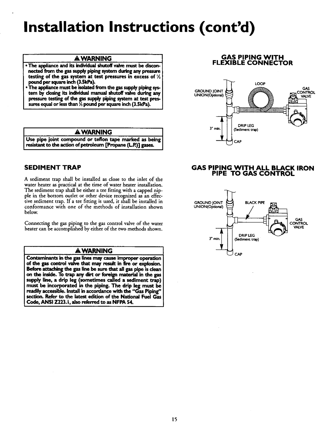 Kenmore 153.3304OI, 153.330451 Installation Instructions, Contd, GAS Piping with Flexible Connector, Sediment Trap 