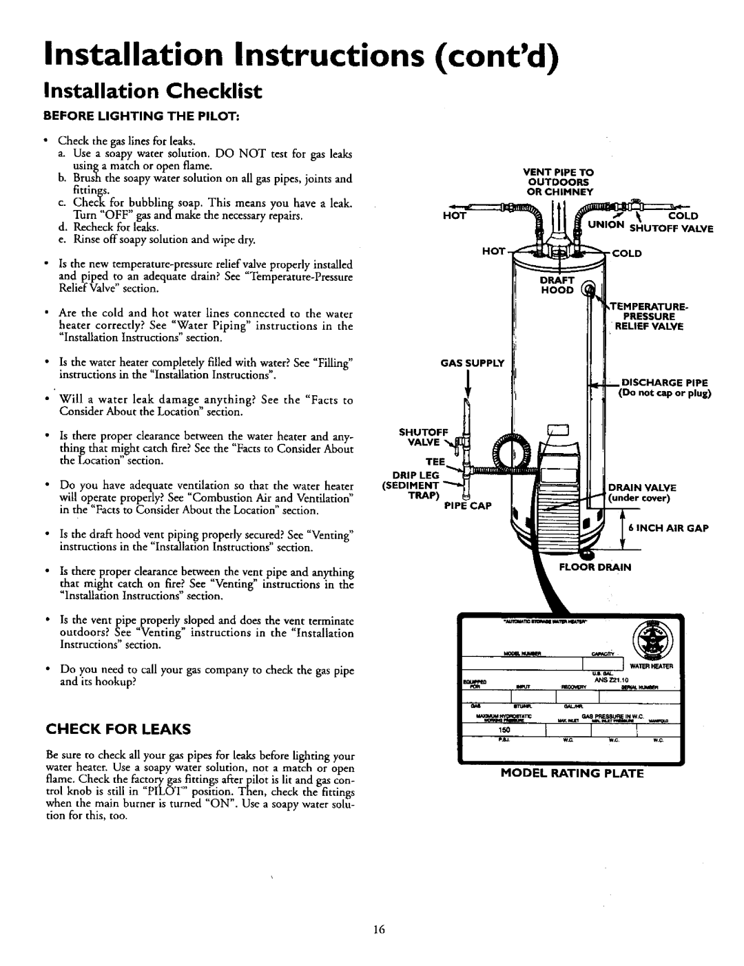 Kenmore 153.330701 Installation Instructions, Contd, Installation Checklist, Check for Leaks, Before Lighting the Pilot 