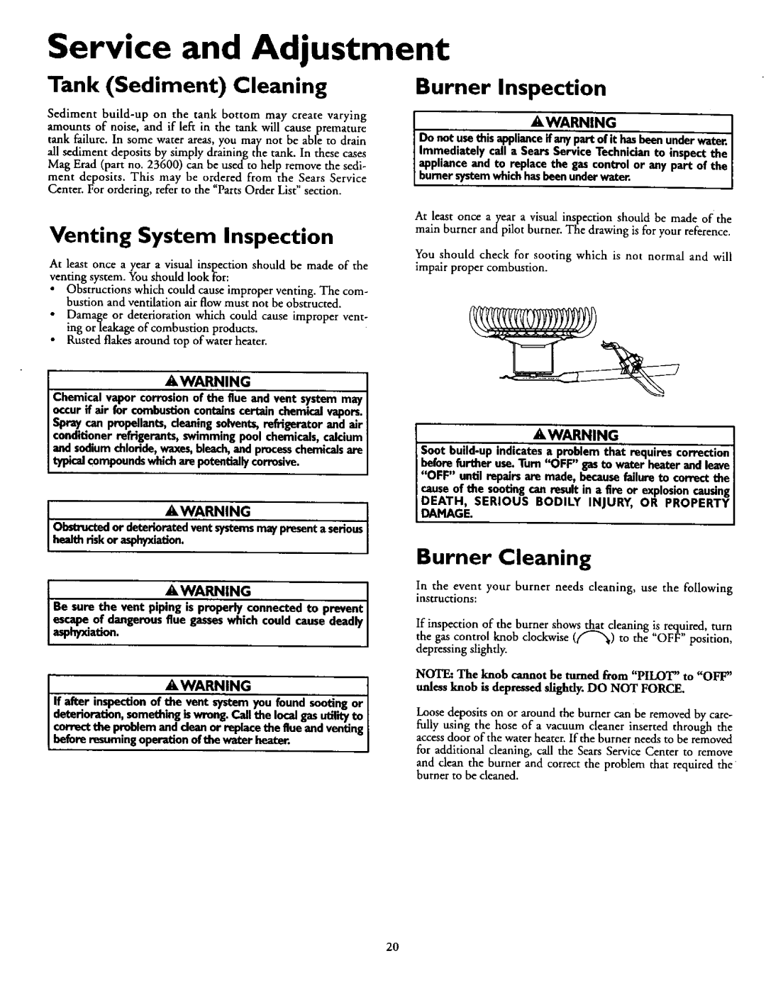 Kenmore 153.330751 Service and Adjustment, Tank Sediment Cleaning, Burner Inspection, Venting System Inspection 