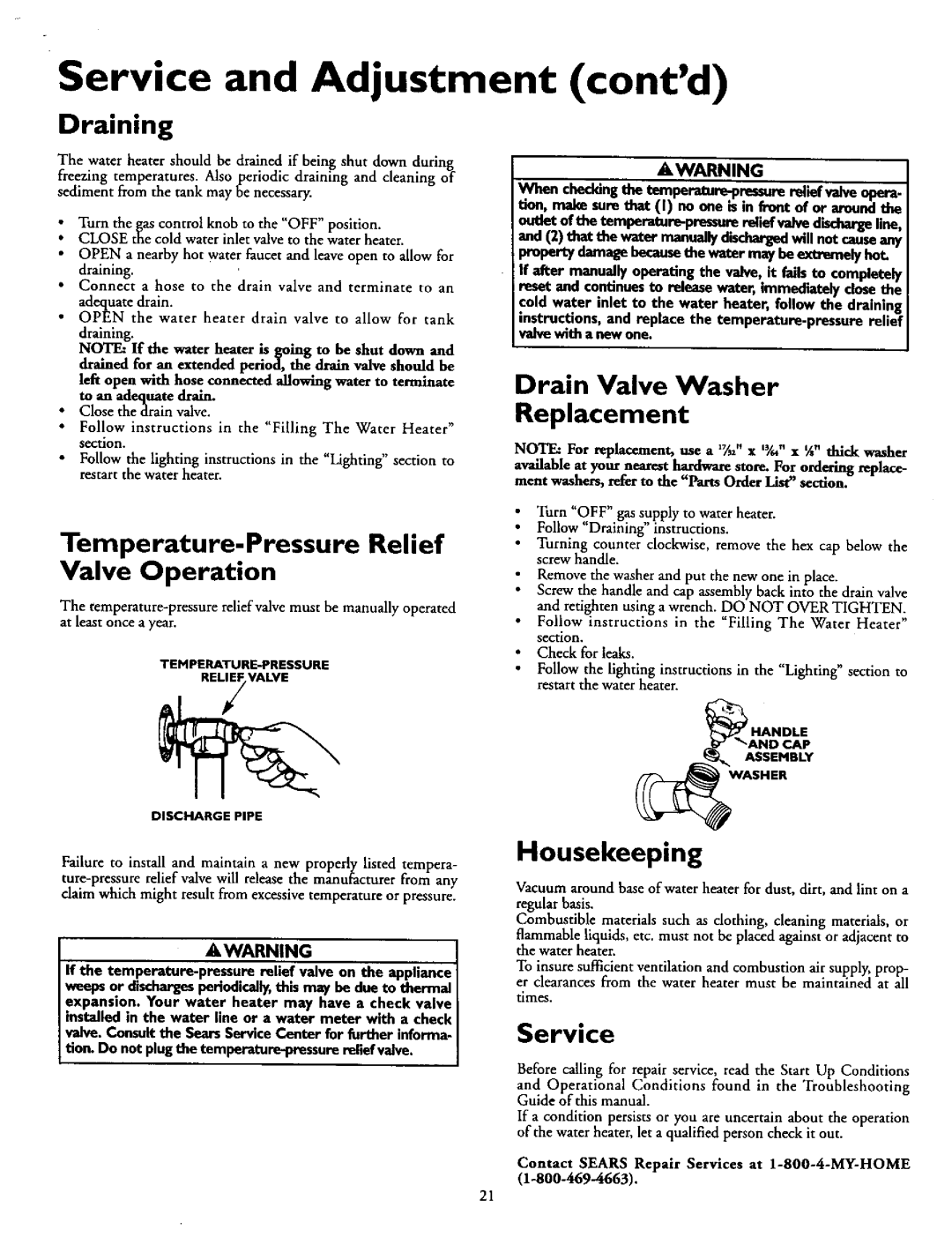 Kenmore 153.3304OI Service and Adjustment contd, Draining, Temperature-Pressure Relief, Drain Valve Washer Replacement 