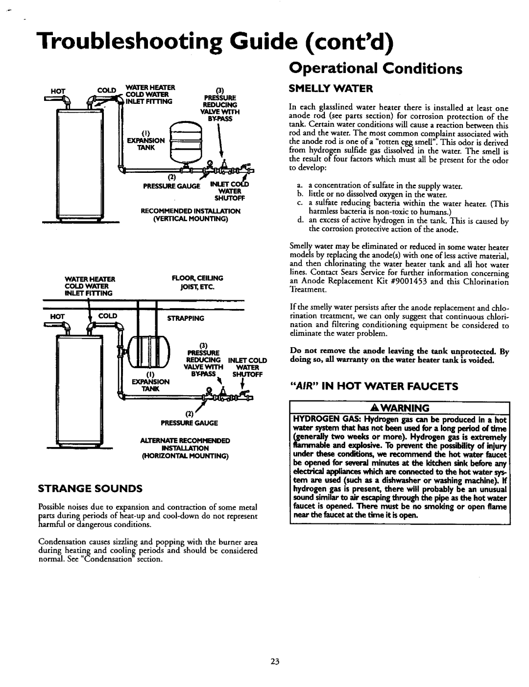 Kenmore 153.330551, 153.330451 Troubleshooting Guide contd, Operational Conditions, Smelly Water, AIR in HOT Water Faucets 