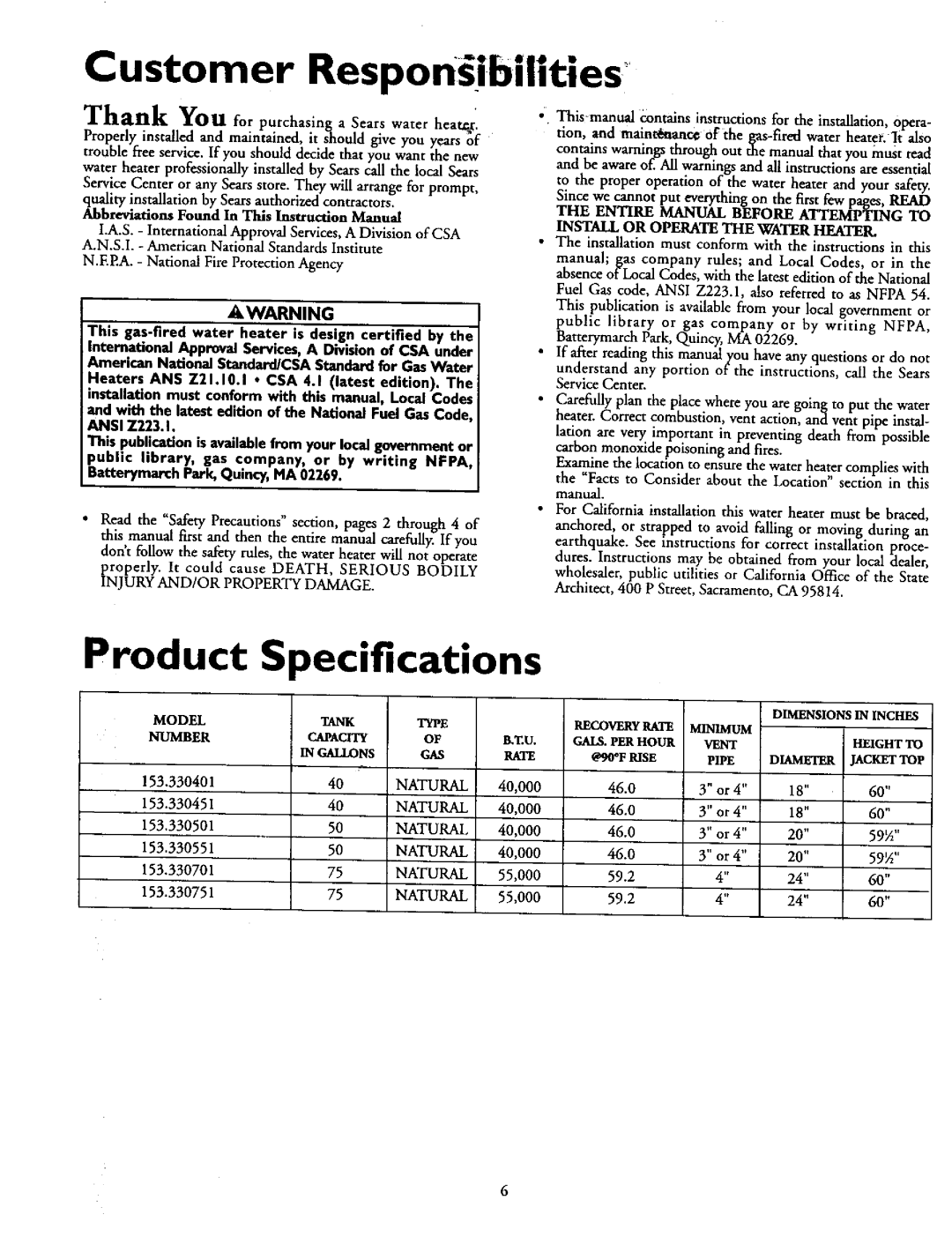 Kenmore 153.330451, 153.330501, 153.330751, 153.3304OI, 153.330701 Product Specifications, Customer ResponSibilities 