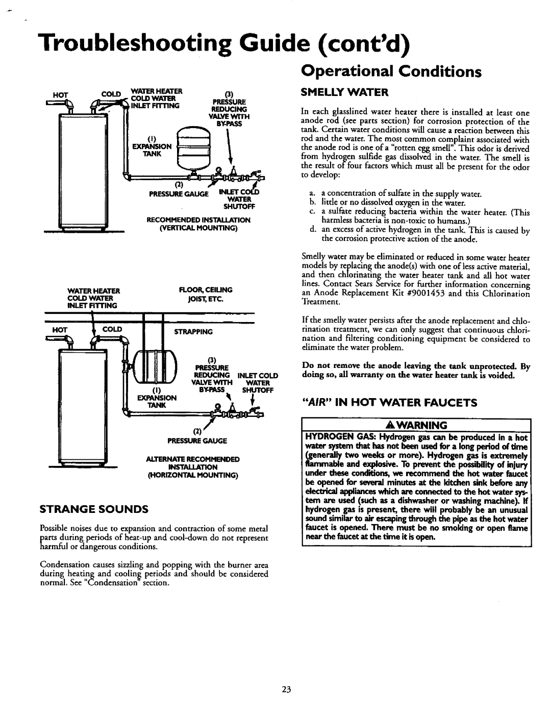 Kenmore 153.330551 Troubleshooting Guide contd, Operational Conditions, Smelly Water, Air In Hot Water Faucets, Awarning 