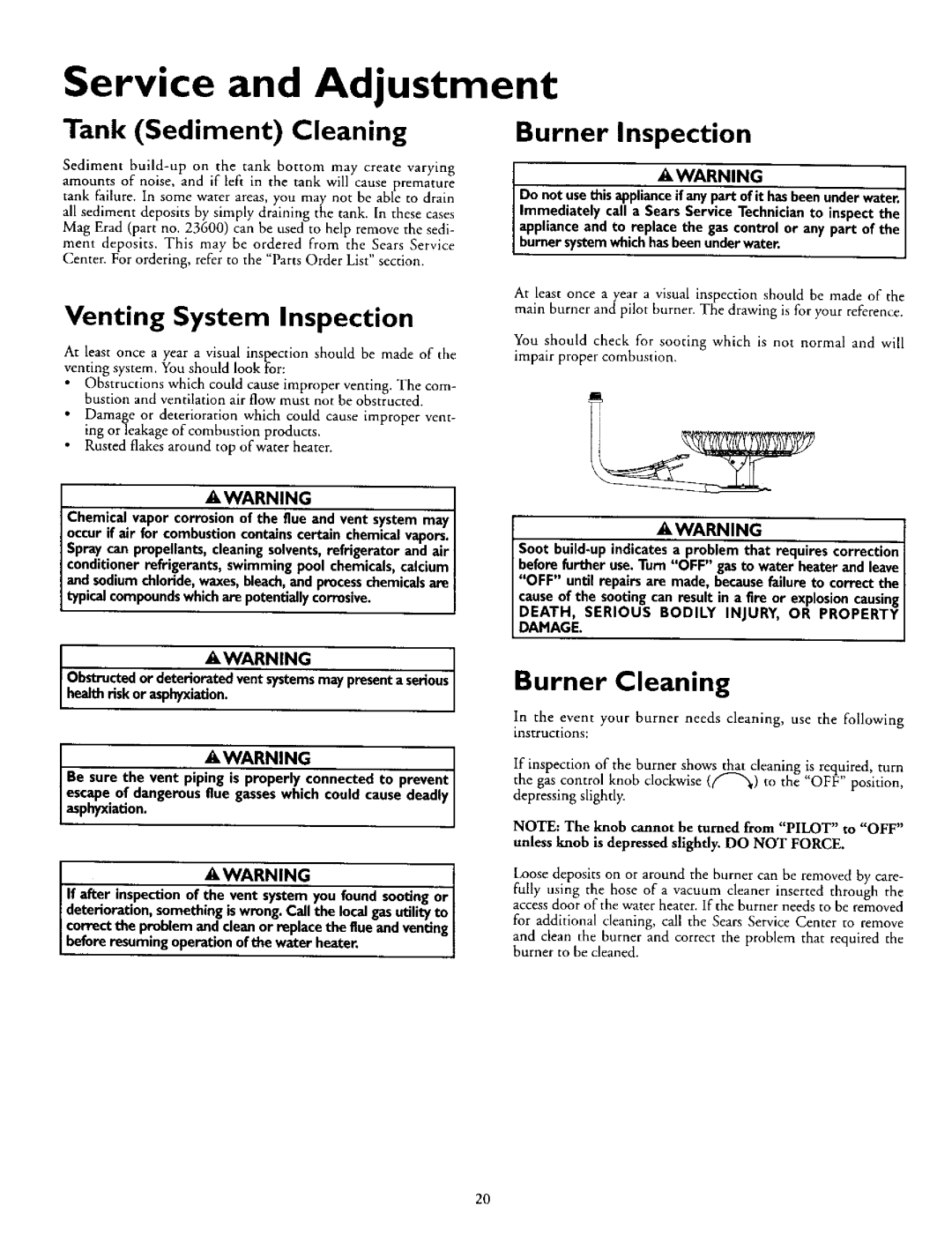 Kenmore 153.330502 Service and Adjustment, Tank Sediment Cleaning, Burner Inspection, Venting System Inspection 