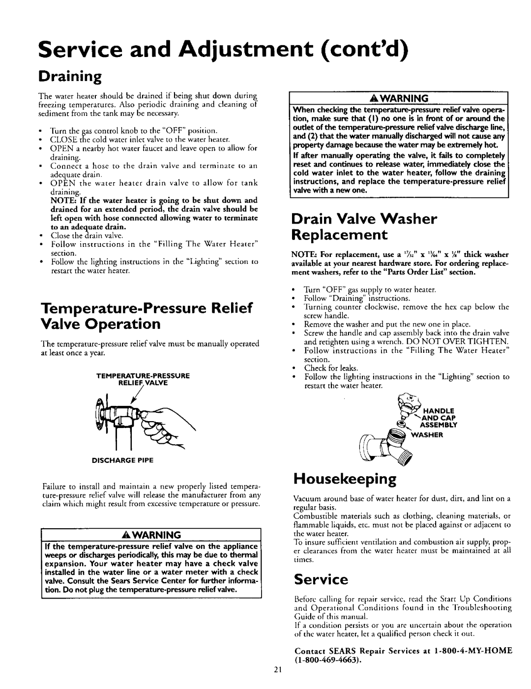 Kenmore 153.330752 Service and Adjustment contd, Draining, Temperature-Pressure Relief, Drain Valve Washer Replacement 