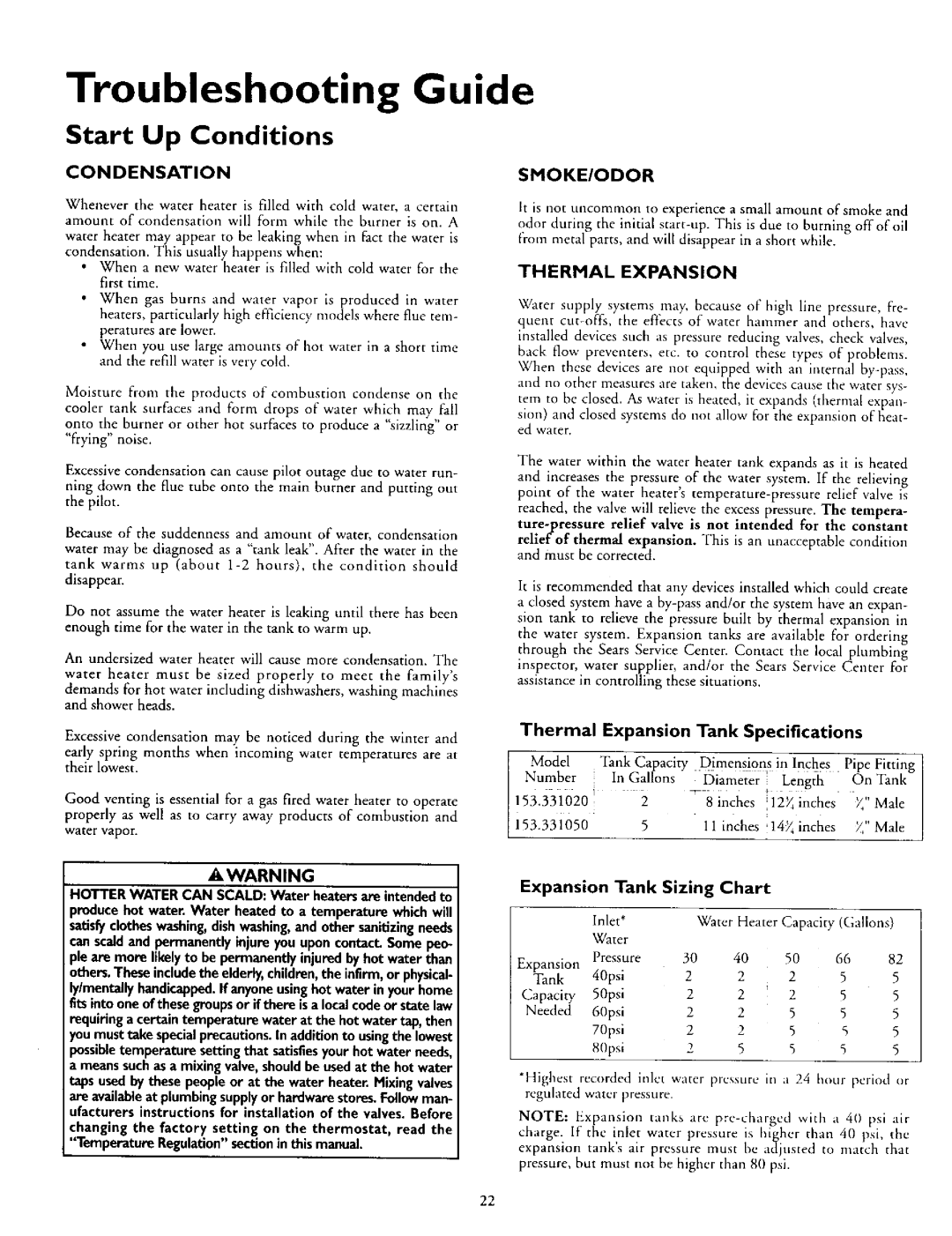 Kenmore 153.330552, 153.330502, 153.330752, 153.330402 Start Up Conditions, Smoke/Odor, Thermal, Expansion Tank Sizing Chart 