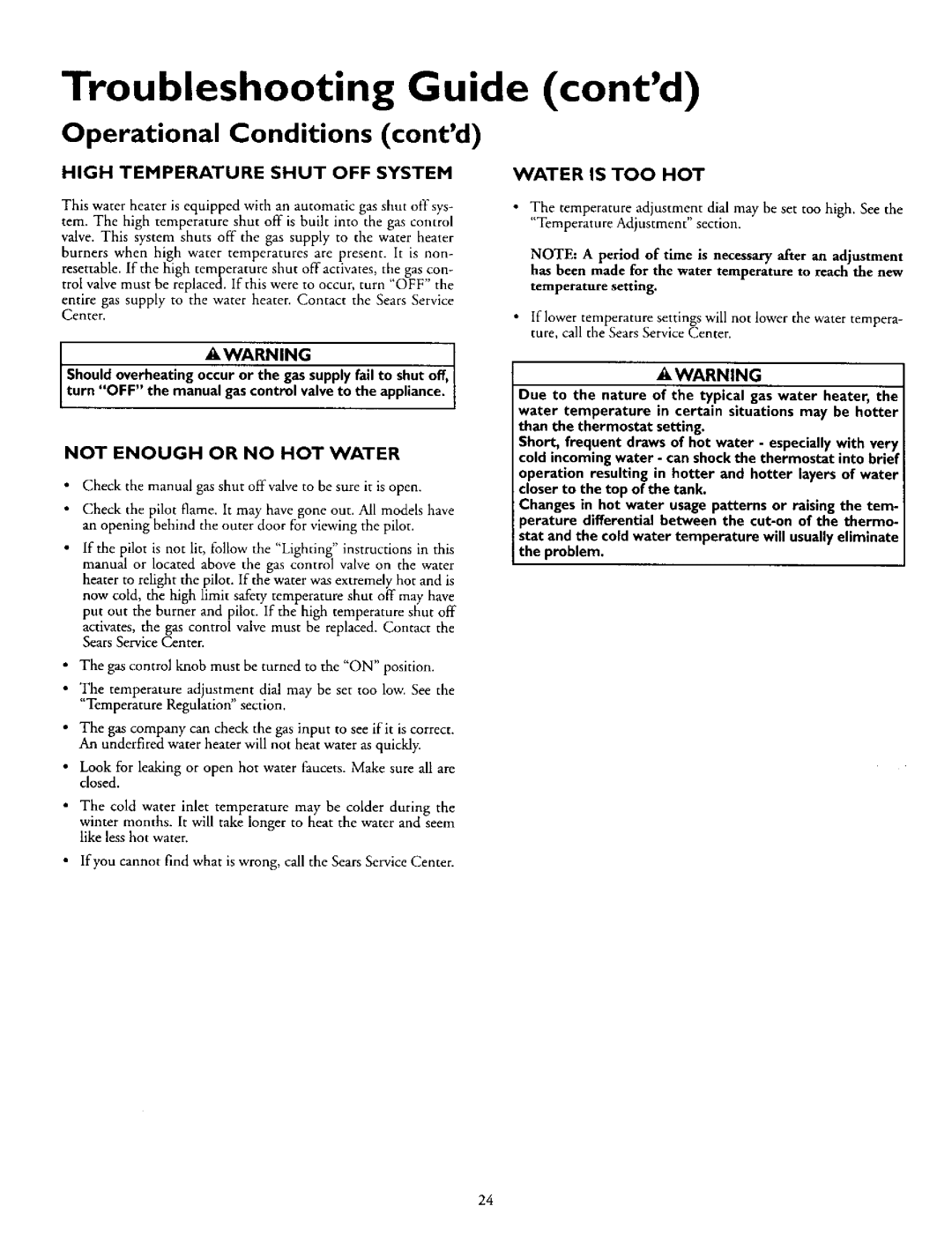 Kenmore 153.330702, 153.330502, 153.330752 Operational Conditions contd, High Temperature Shut OFF System Water is TOO HOT 