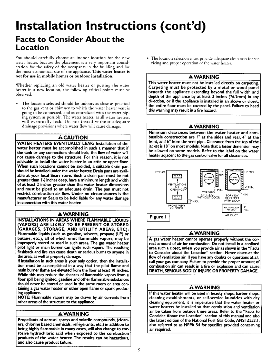 Kenmore 153.330702, 153.330502, 153.330752, 153.330552 Installation Instructions contd, Facts to Consider About Location 