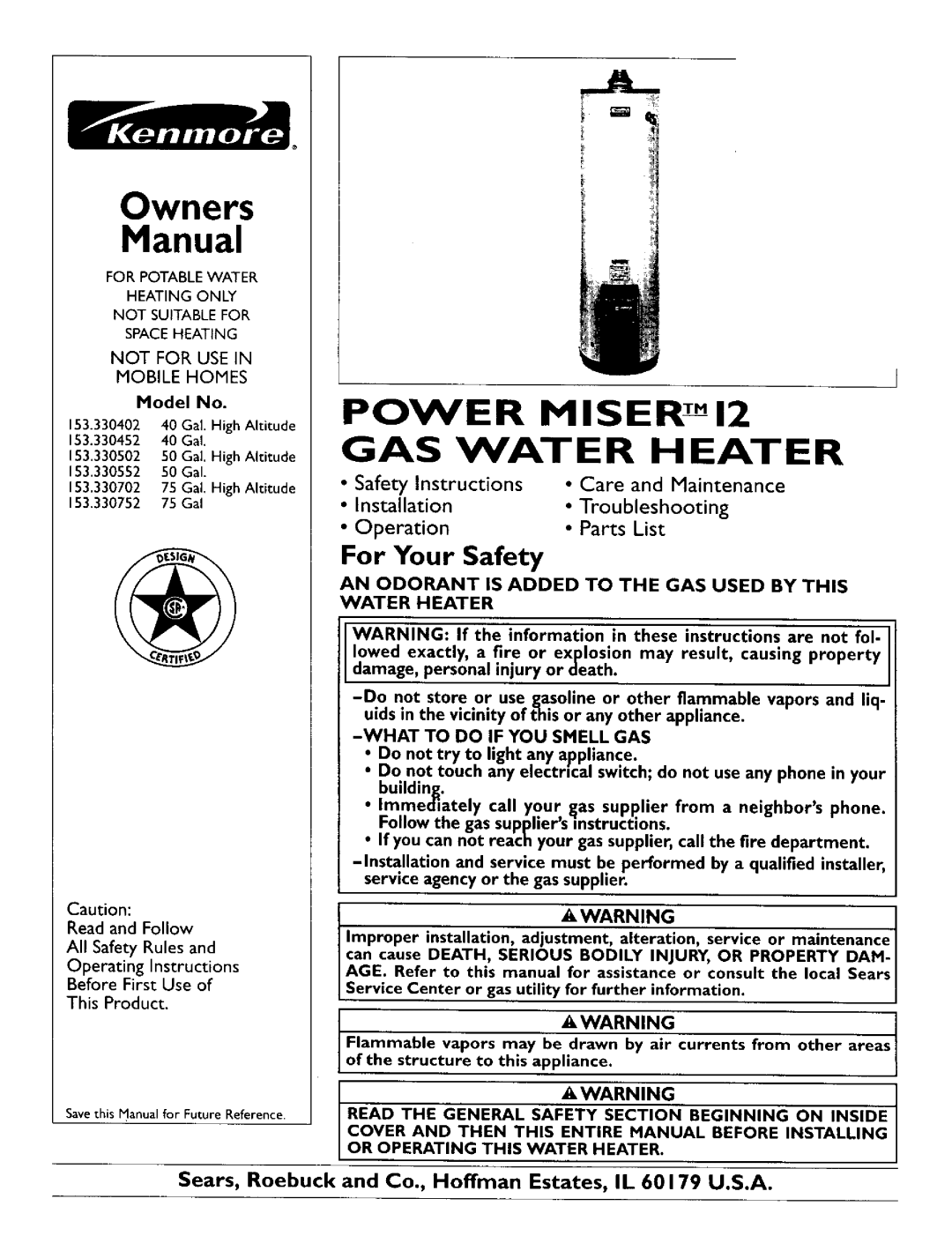 Kenmore 153.330752, 153.330502 owner manual For Your Safety, Installation, Operation, POWER MISERT--M12 GAS WATER HEATER 