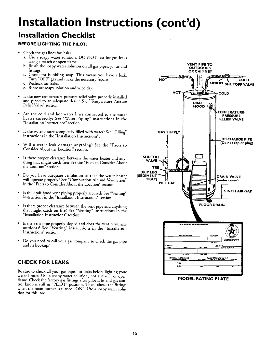 Kenmore 153.330752 Installation Checklist, Installation Instructions contd, Before Lighting The Pilot, Check For Leaks 