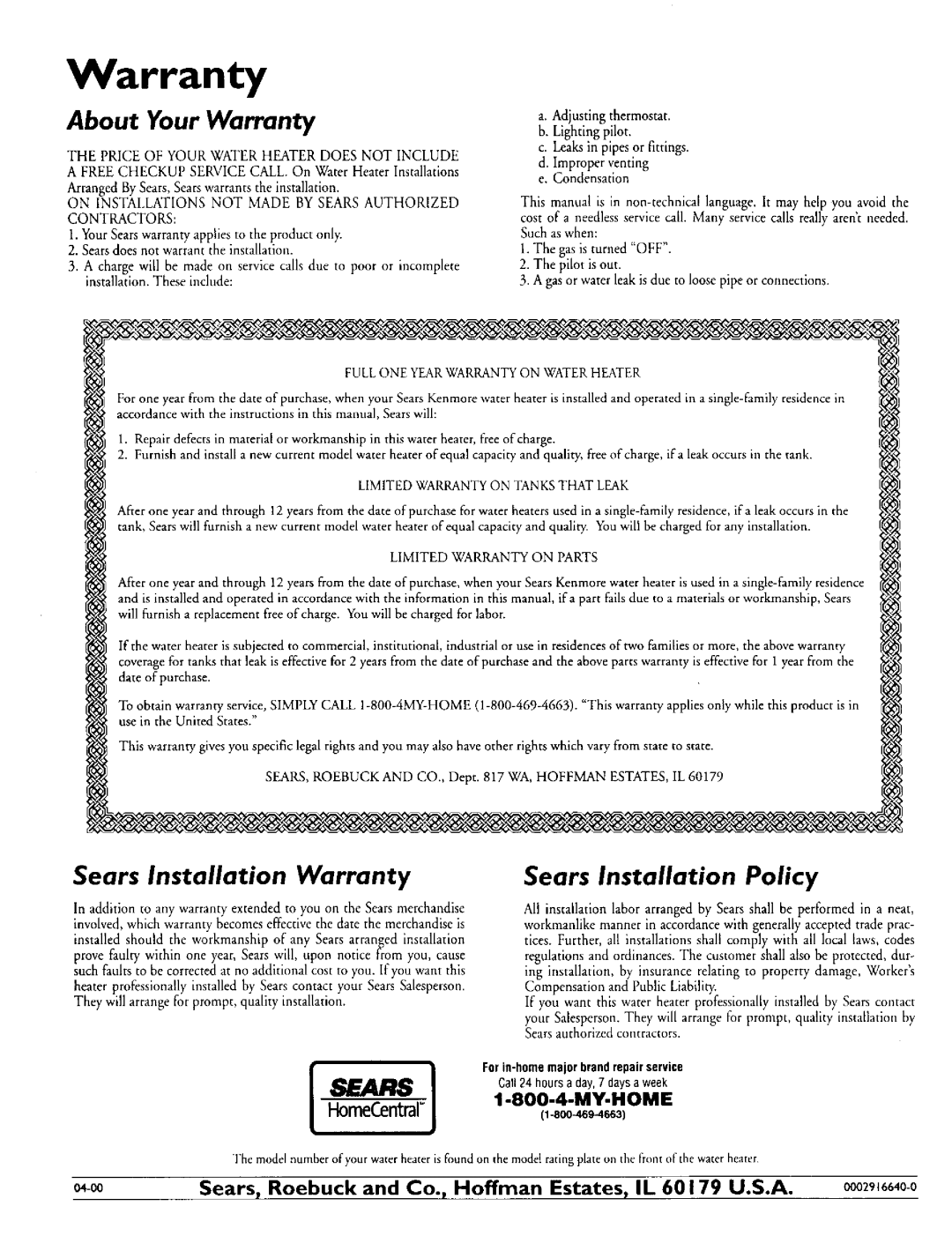 Kenmore 153.330402, 153.330502, 153.330752 About Your Warranty, Sears Installation Warranty, Sears Installation Policy 
