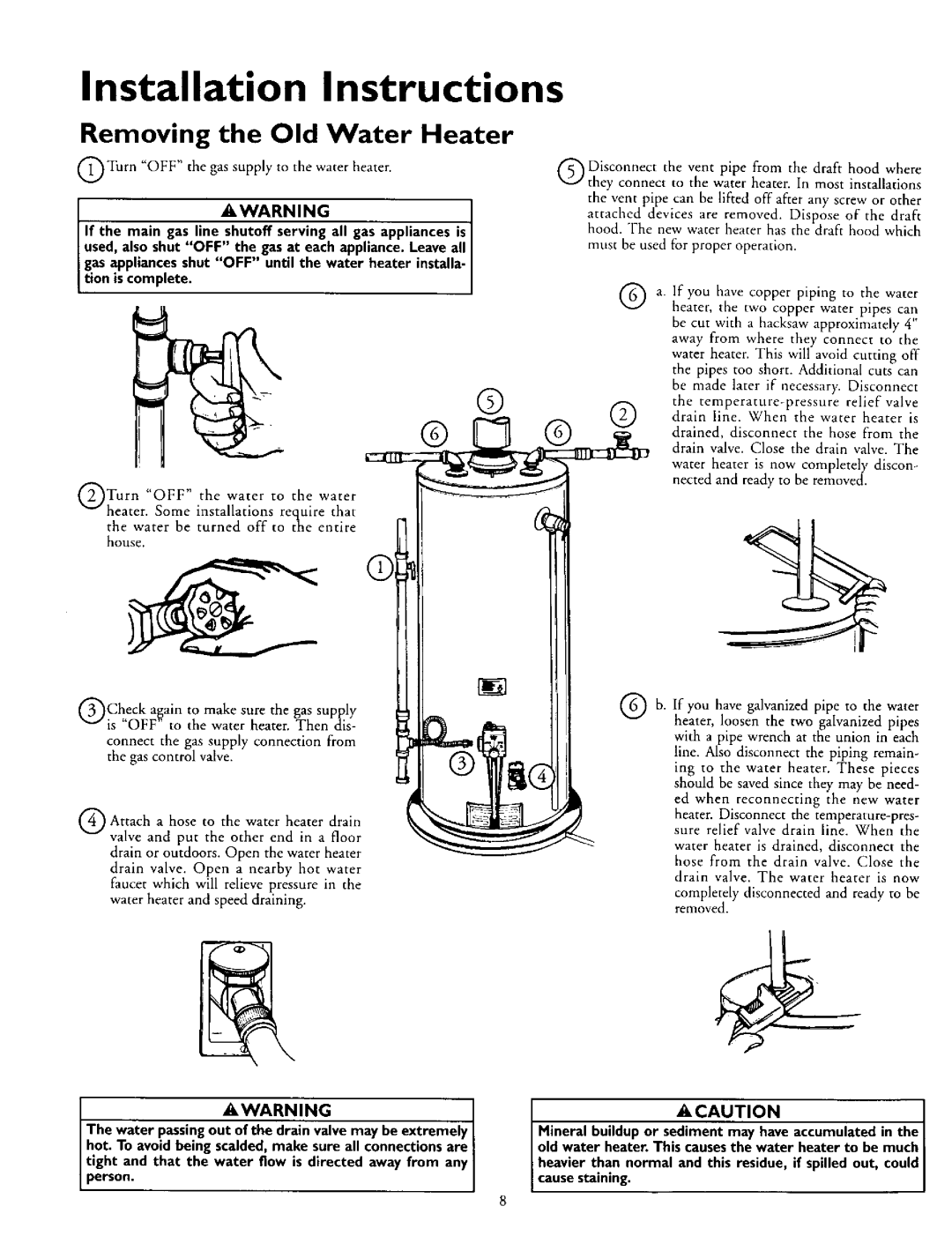 Kenmore 153.330402, 153.330502, 153.330752, 153.330552 Installation Instructions, Removing the Old Water Heater, Cautioni 