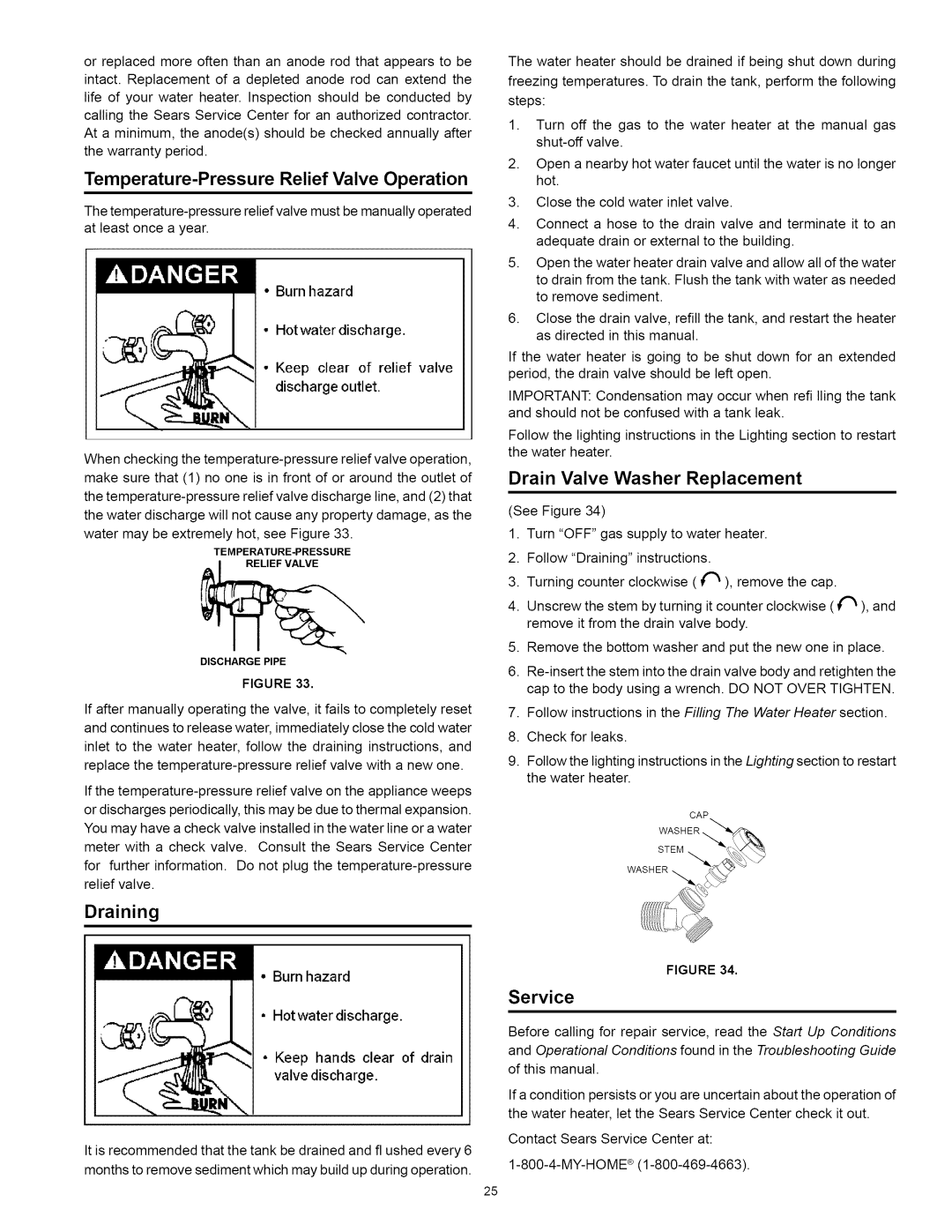 Kenmore 153.33062 Temperature-Pressure Relief Valve Operation, Draining, Drain Valve Washer Replacement, Service 