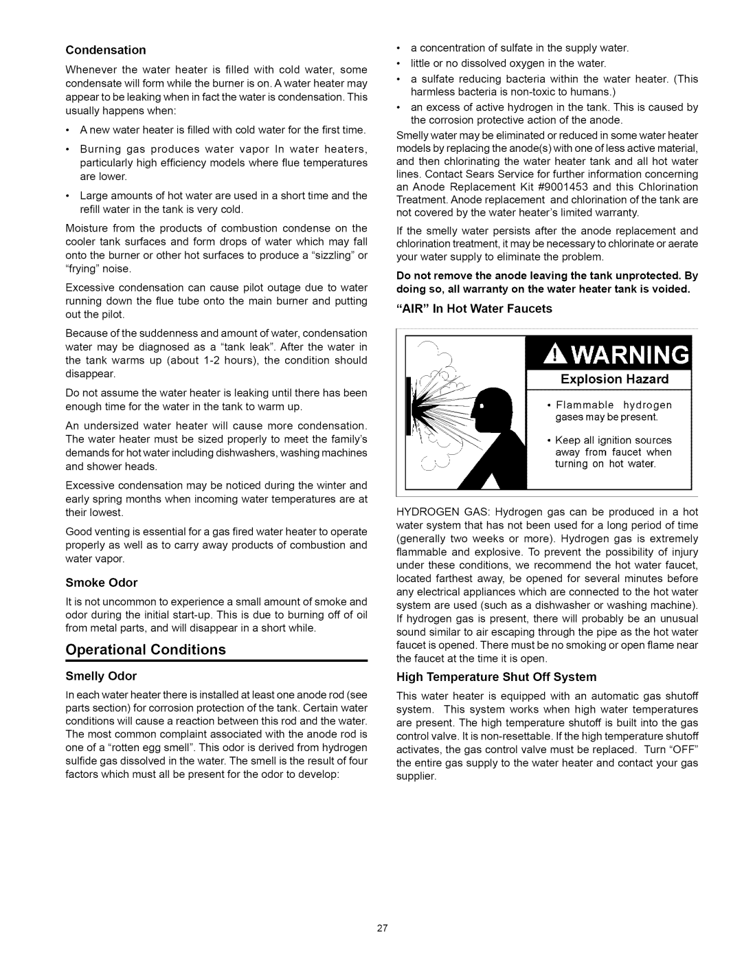 Kenmore 153.330642, 153.330652, 153.33062, 153.330632 owner manual Condensation, Smoke Odor, AIR In Hot Water Faucets 