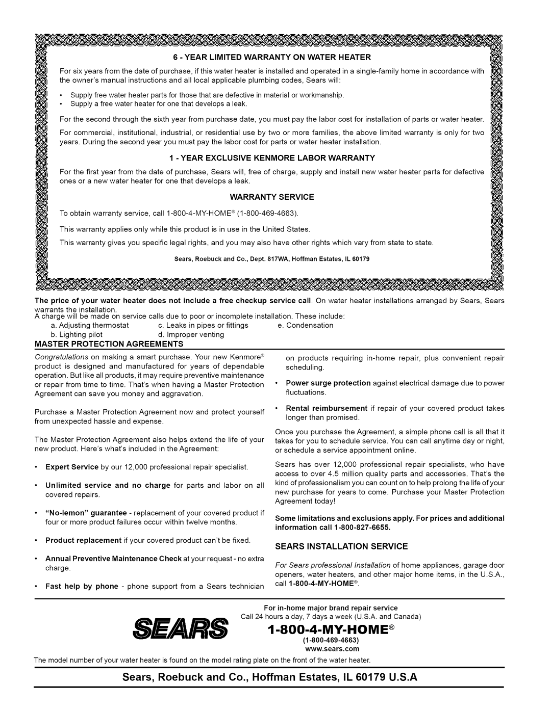 Kenmore 153.330652 Sears, Roebuck and Co., Hoffman Estates, IL 60179 U.S.A, Year Limited Warranty on Water Heater 