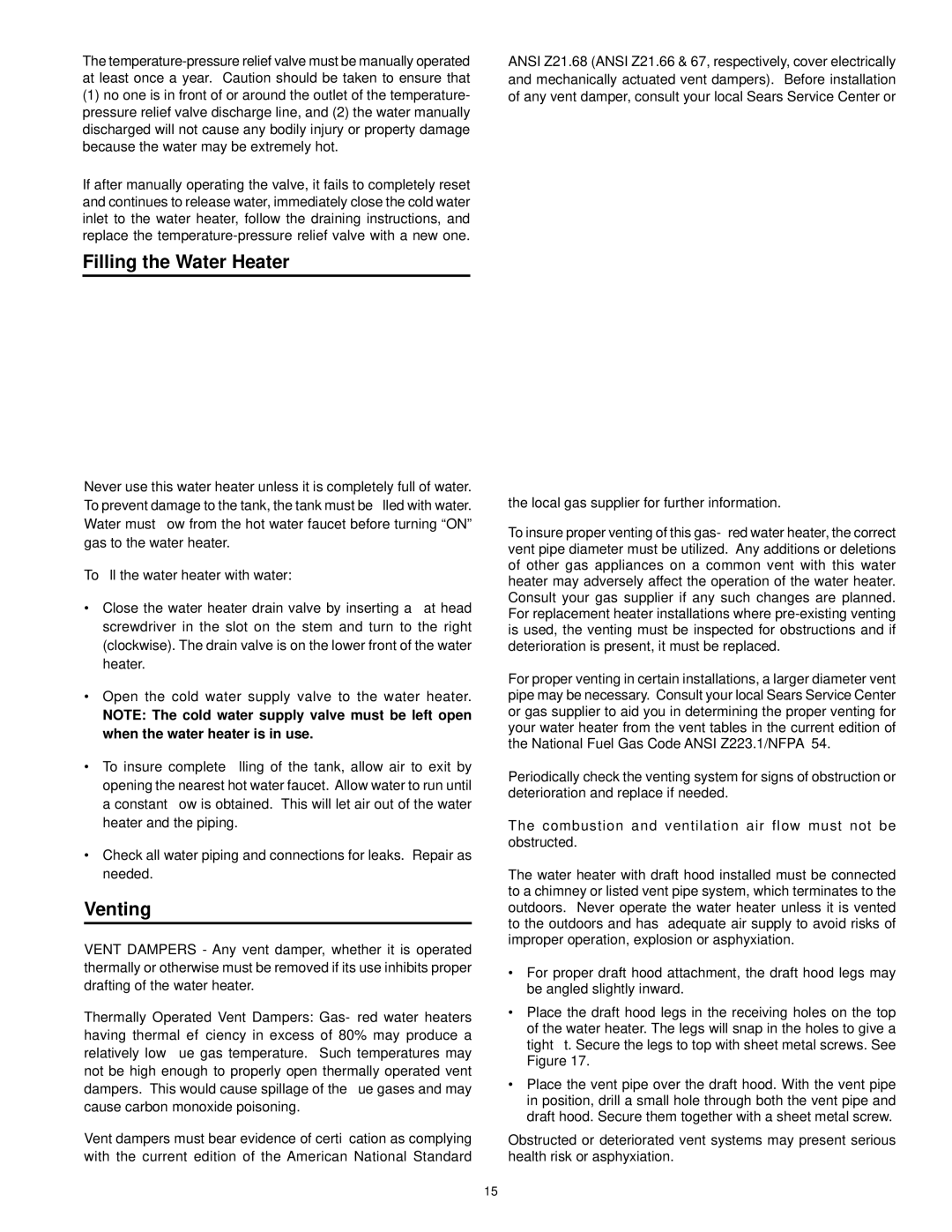Kenmore 153.33096, 153.33097 owner manual Filling the Water Heater, Venting, Local gas supplier for further information 