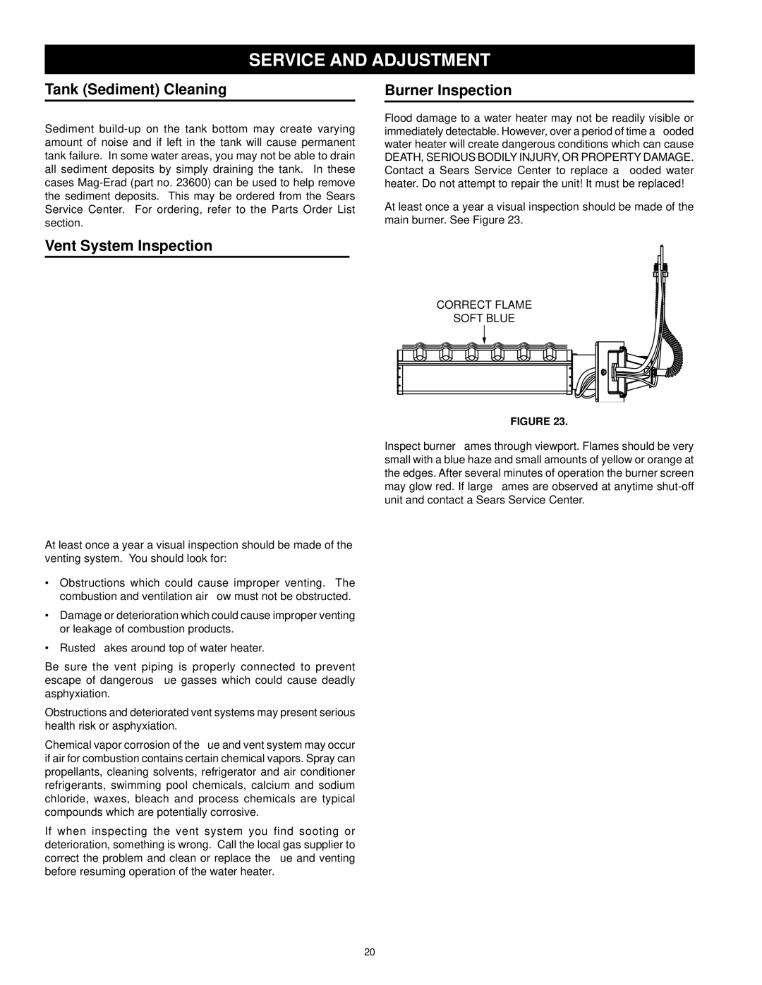 Kenmore 153.33097, 153.33096 Service and Adjustment, Tank Sediment Cleaning, Vent System Inspection, Burner Inspection 