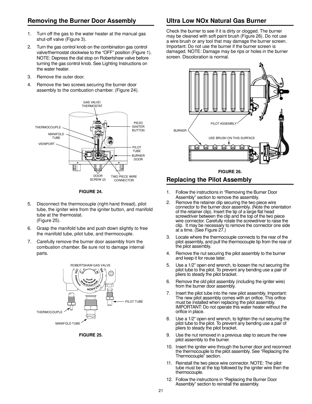 Kenmore 153.33096 Removing the Burner Door Assembly, Ultra Low NOx Natural Gas Burner, Replacing the Pilot Assembly 