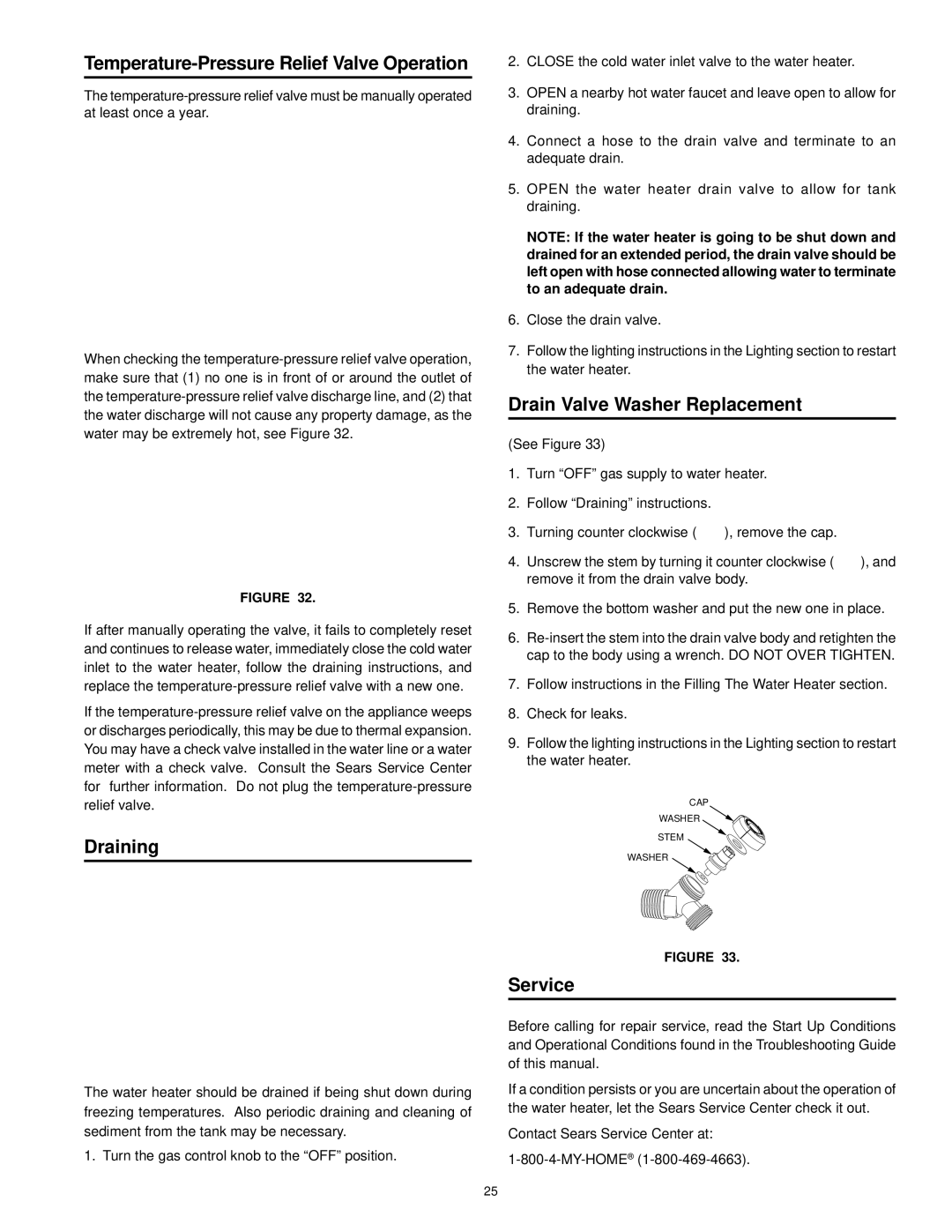 Kenmore 153.33096 Temperature-Pressure Relief Valve Operation, Draining, Drain Valve Washer Replacement, Service 