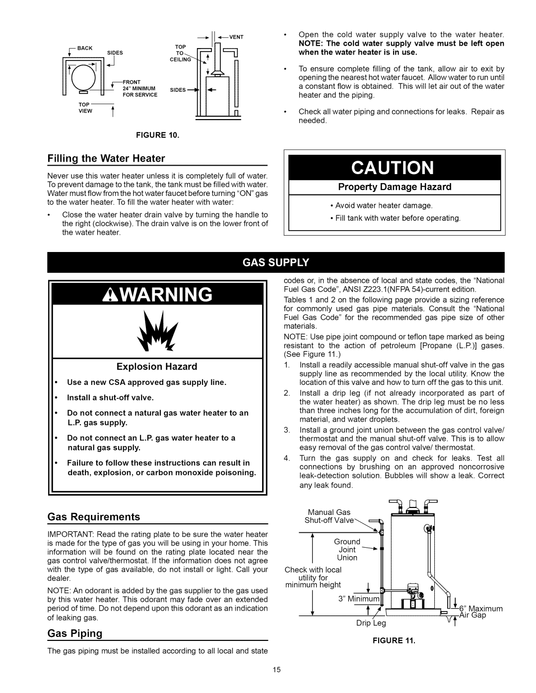 Kenmore 153.33114, 153.33115 manual Filling the Water Heater, Gas Requirements, Gas Piping, Property Damage Hazard 