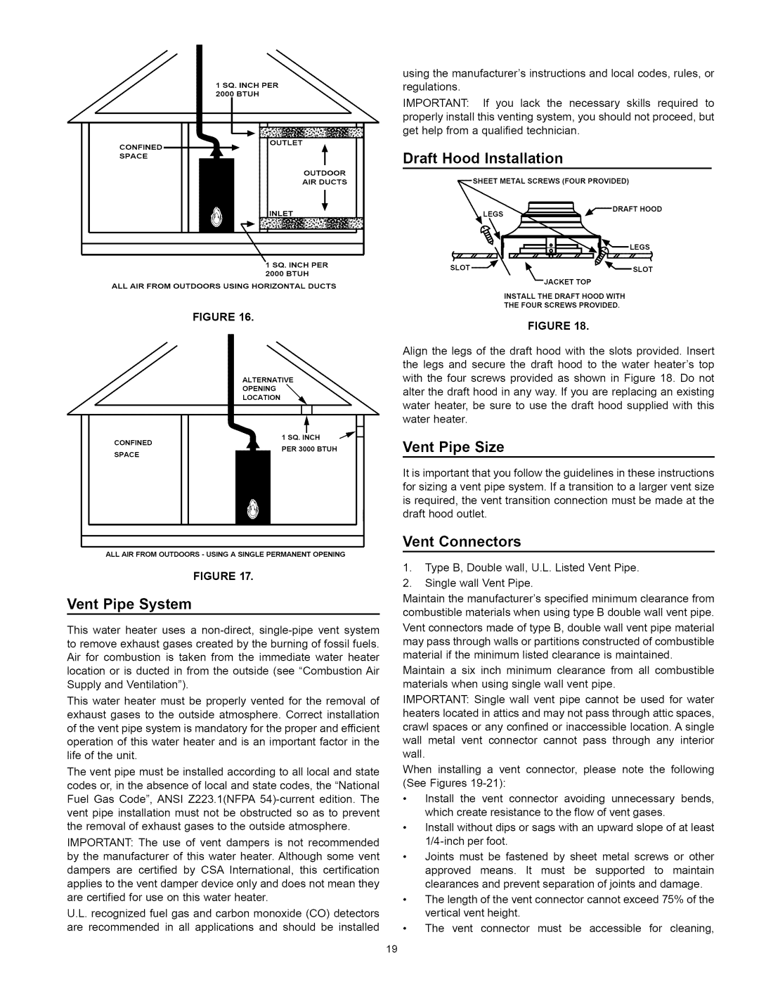 Kenmore 153.33114, 153.33115 manual Draft Hood Installation, Vent Pipe Size, Vent Pipe System, Vent Connectors 