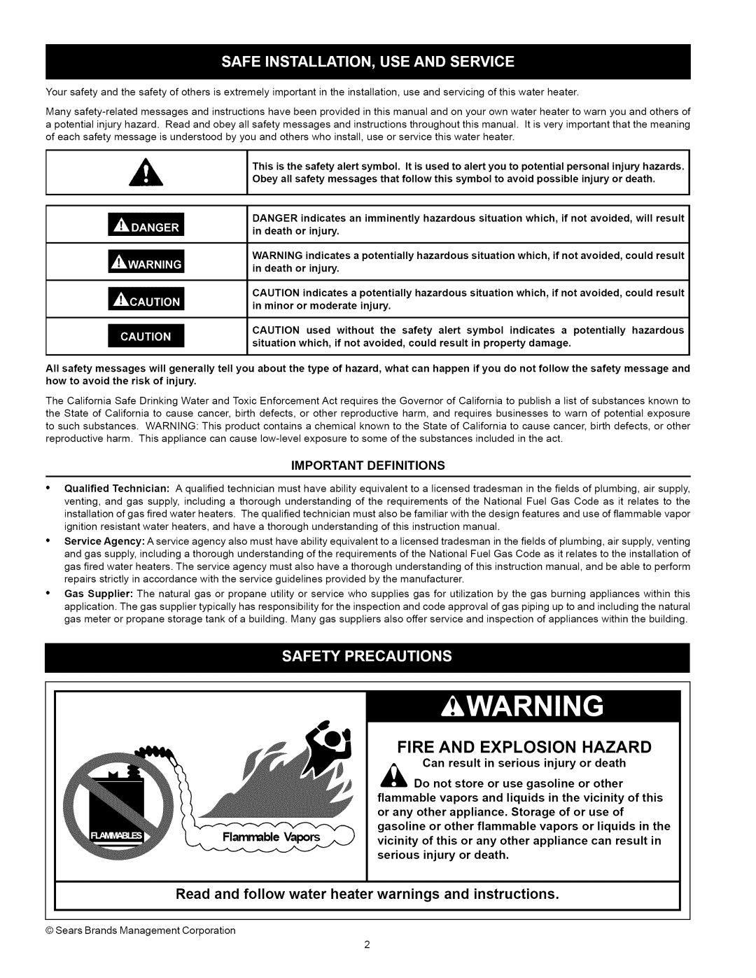 Kenmore 153.33115, 153.33114 manual Read and follow water heater warnings and instructions, Important Definitions 