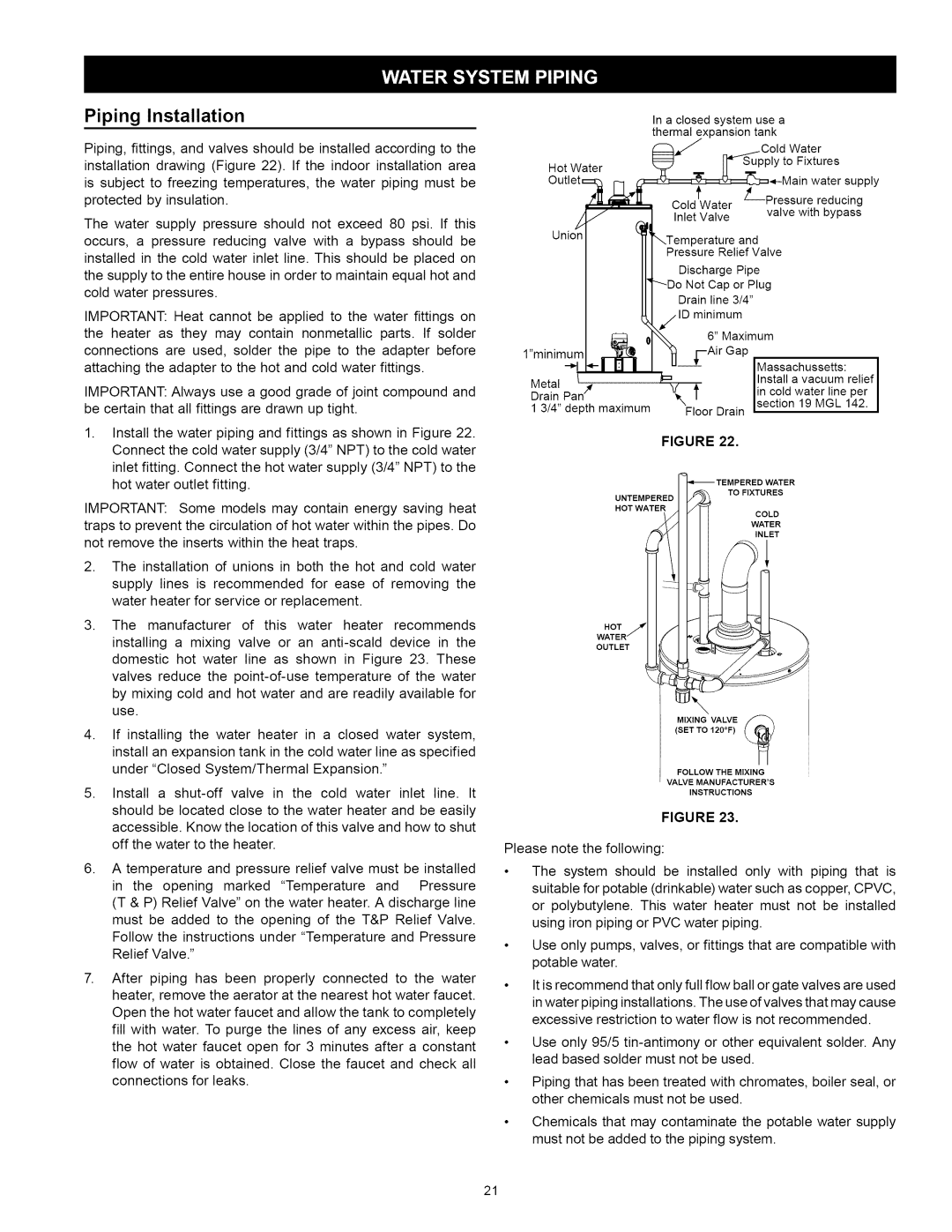 Kenmore 153.33114, 153.33115 manual Piping Installation, Isectn 19 MGL, Lminimum 