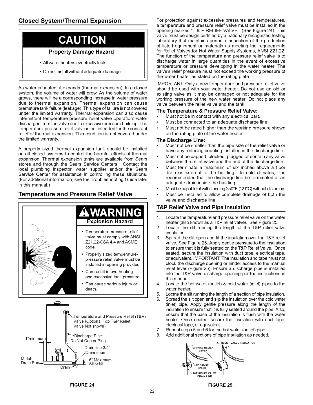 Kenmore 153.33115, 153.33114 manual Closed System/Thermal Expansion, Temperature and Pressure Relief Valve 