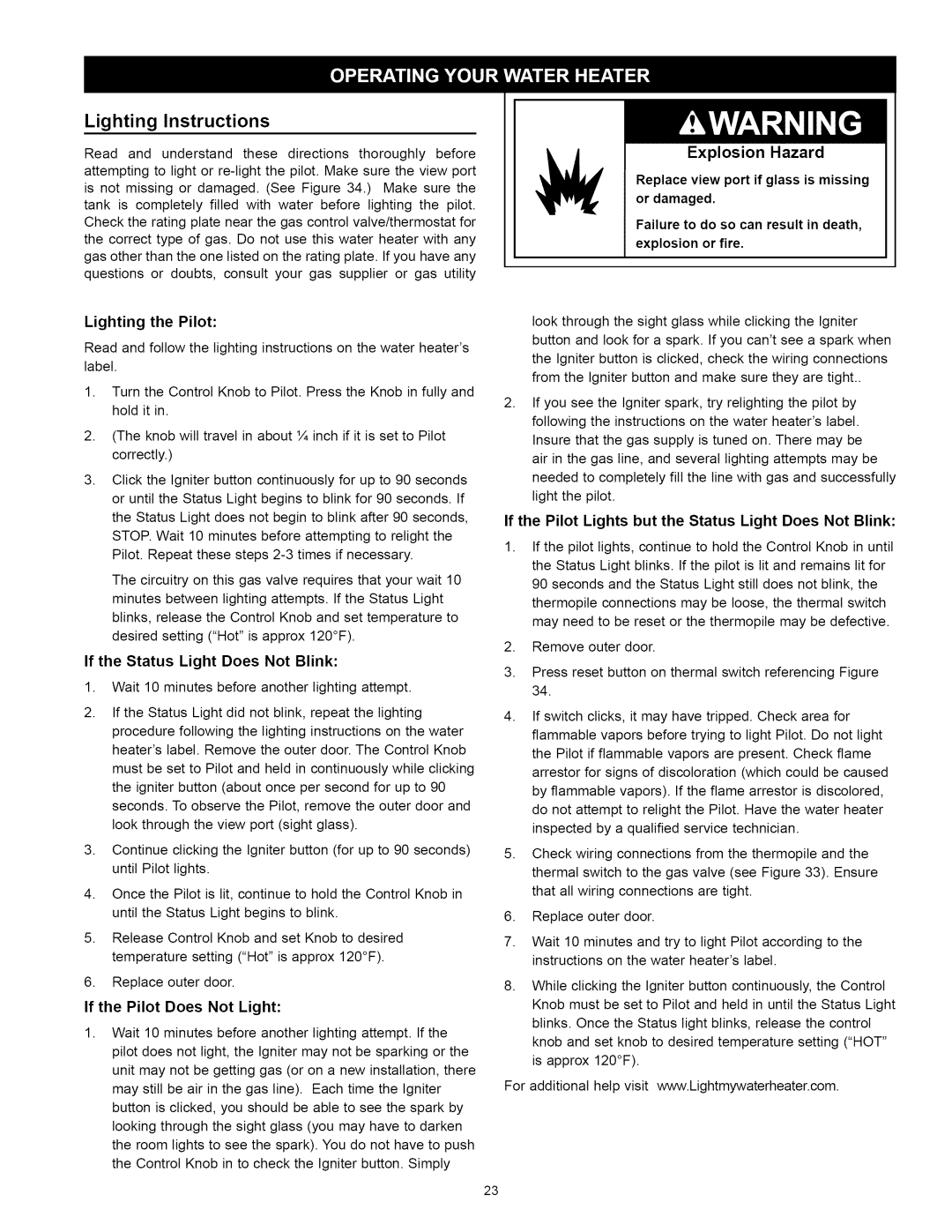 Kenmore 153.33114, 153.33115 manual Lighting Instructions, Lighting the Pilot, If the Status Light Does Not Blink 