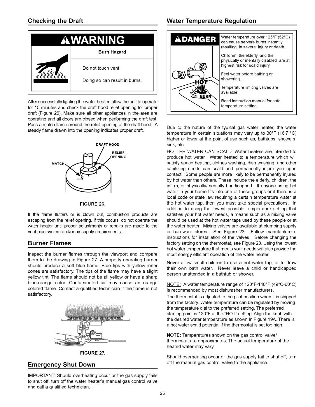 Kenmore 153.33114 manual Checking the Draft, Burner Flames, Emergency Shut Down, Water Temperature Regulation, Burn Hazard 