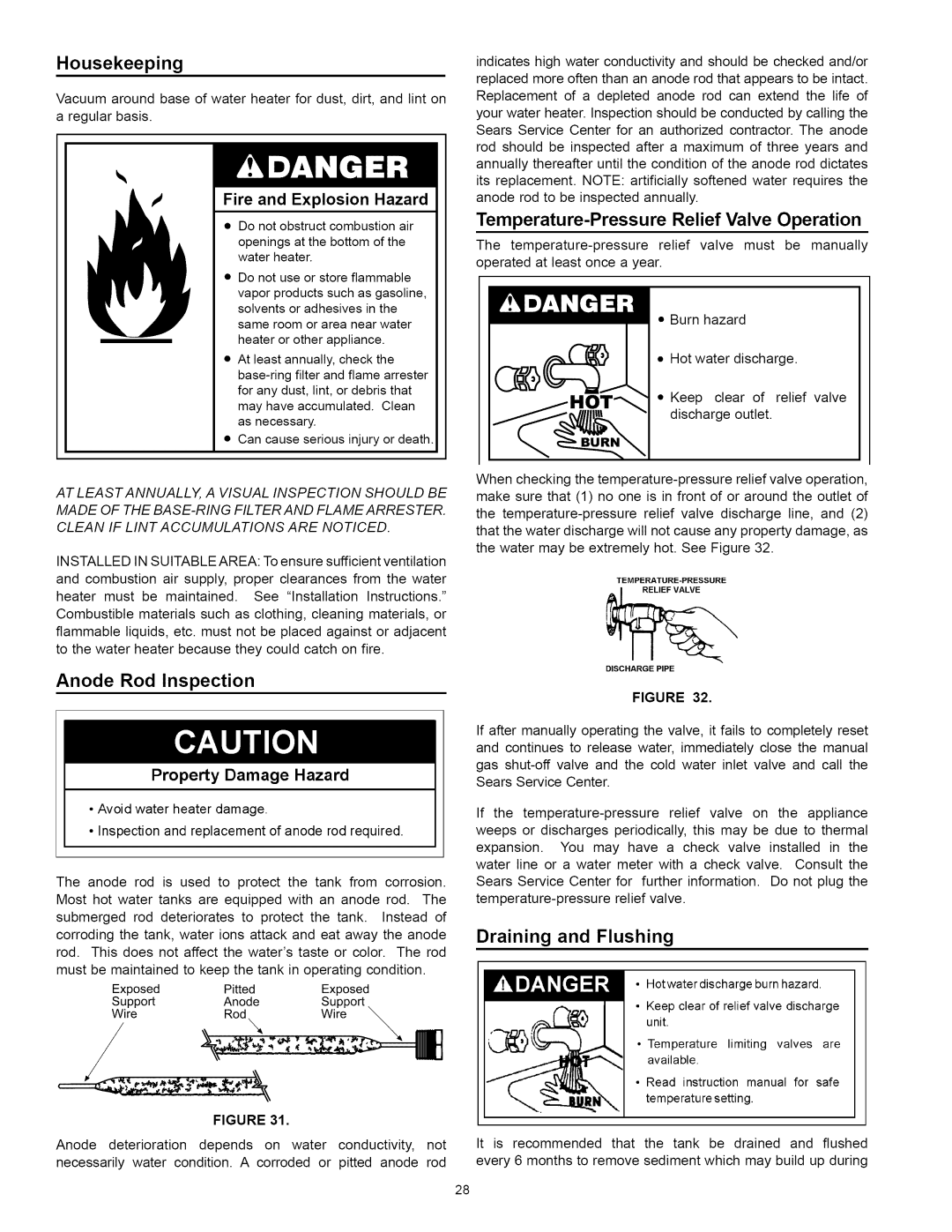 Kenmore 153.33115, 153.33114 manual Housekeeping, Anode Rod Inspection, Draining and Flushing, Fire and Explosion Hazard 