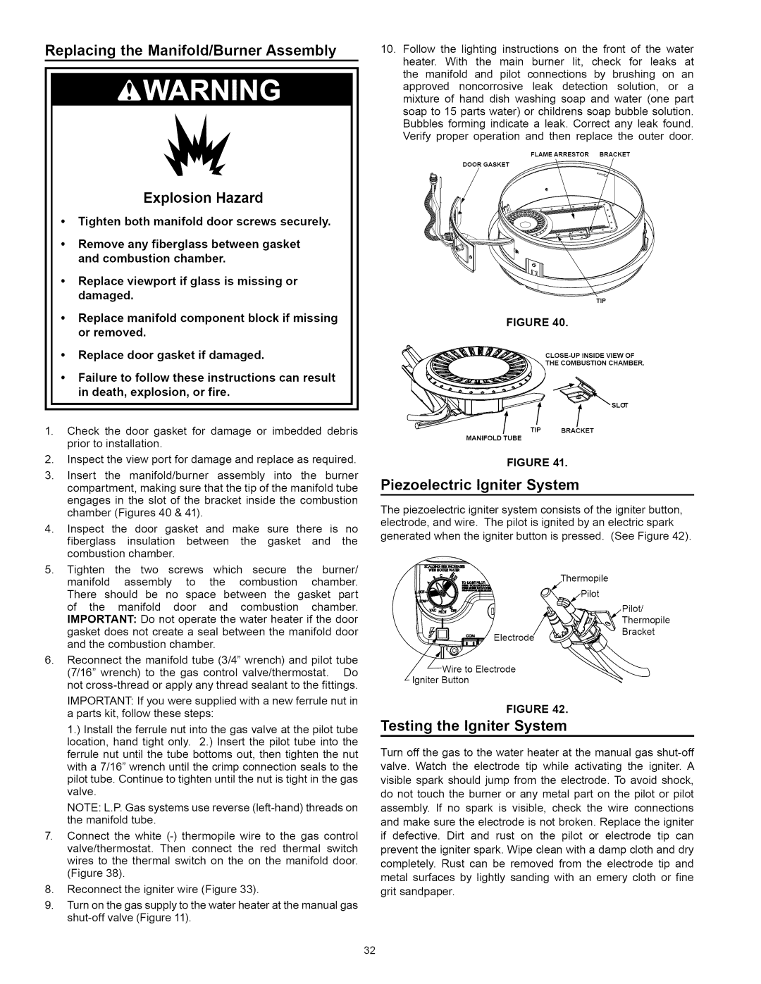 Kenmore 153.33115, 153.33114 manual Replacing the Manifold/Burner Assembly, Explosion Hazard, Piezoelectric Igniter System 