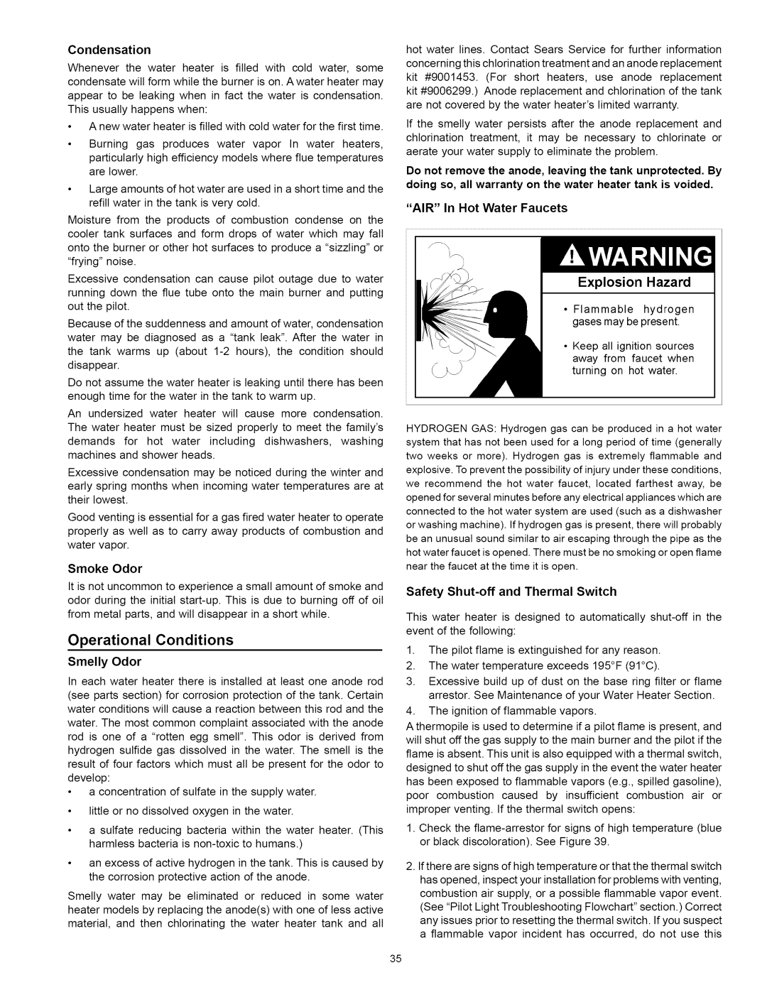 Kenmore 153.33114 manual Operational Conditions, Condensation, AIR In Hot Water Faucets, Safety Shut-off and Thermal Switch 