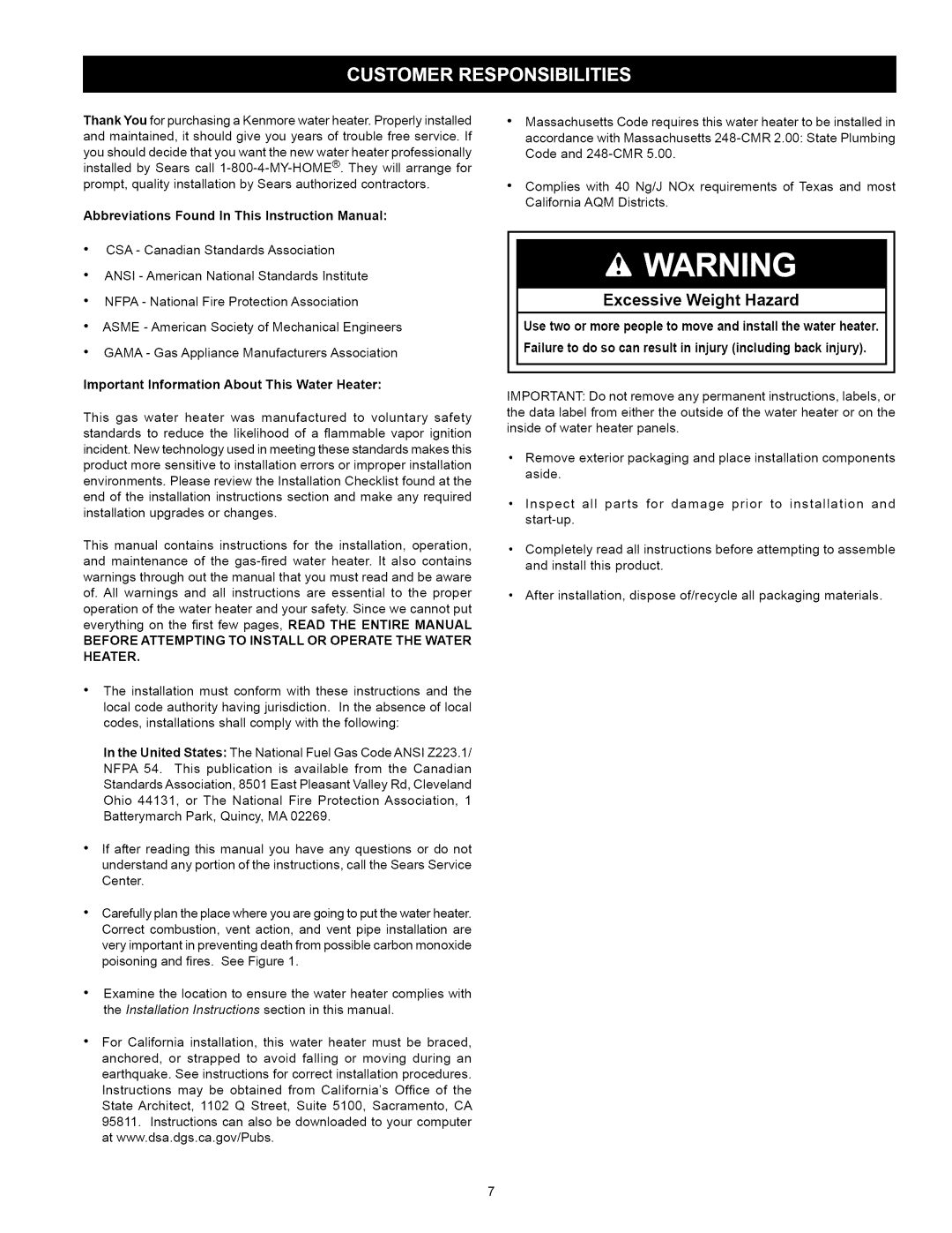 Kenmore 153.33114, 153.33115 manual Excessive Weight Hazard, Important Information About This Water Heater 