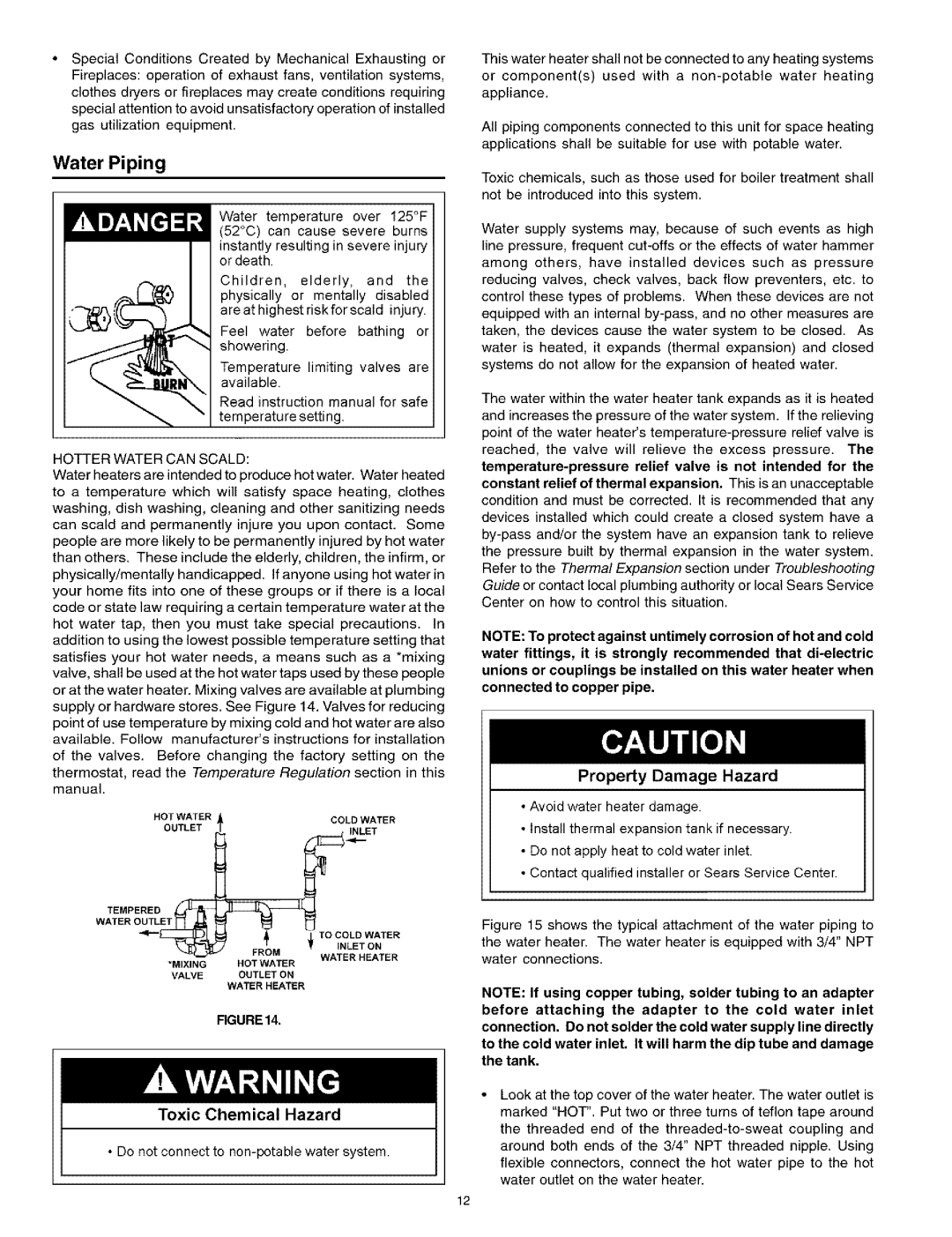 Kenmore 153.331514 HA, 153.331413 HA, 153.331543 owner manual Water Piping, Property Damage Hazard, Toxic Chemical Hazard 