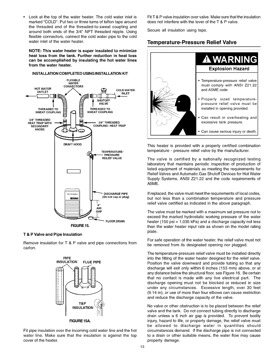 Kenmore 153.331413 HA, 153.331514 HA Temperature-Pressure Relief Valve, Insulation Flue Pipe, Floordrain, Rgure 15A 