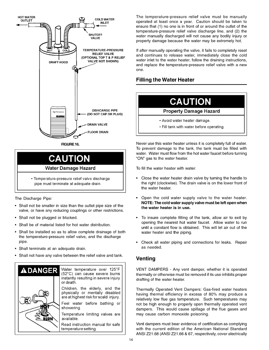 Kenmore 153.331543, 153.331514 HA, 153.331413 HA owner manual Filling the Water Heater, Venting, Water Damage Hazard 